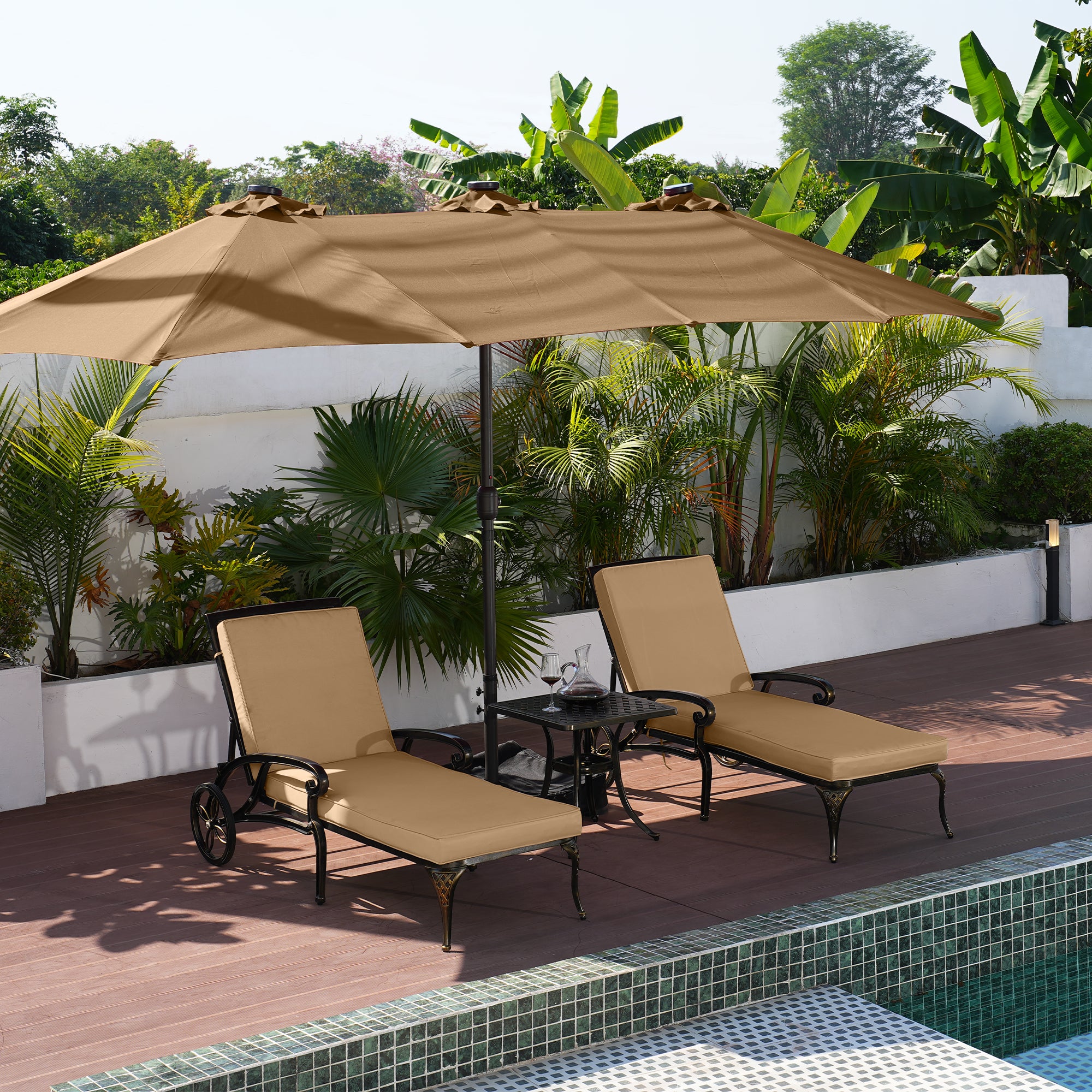 3-Piece Cast Aluminum Outdoor Chaise Lounge with Side Table and Beige/Red Cushion