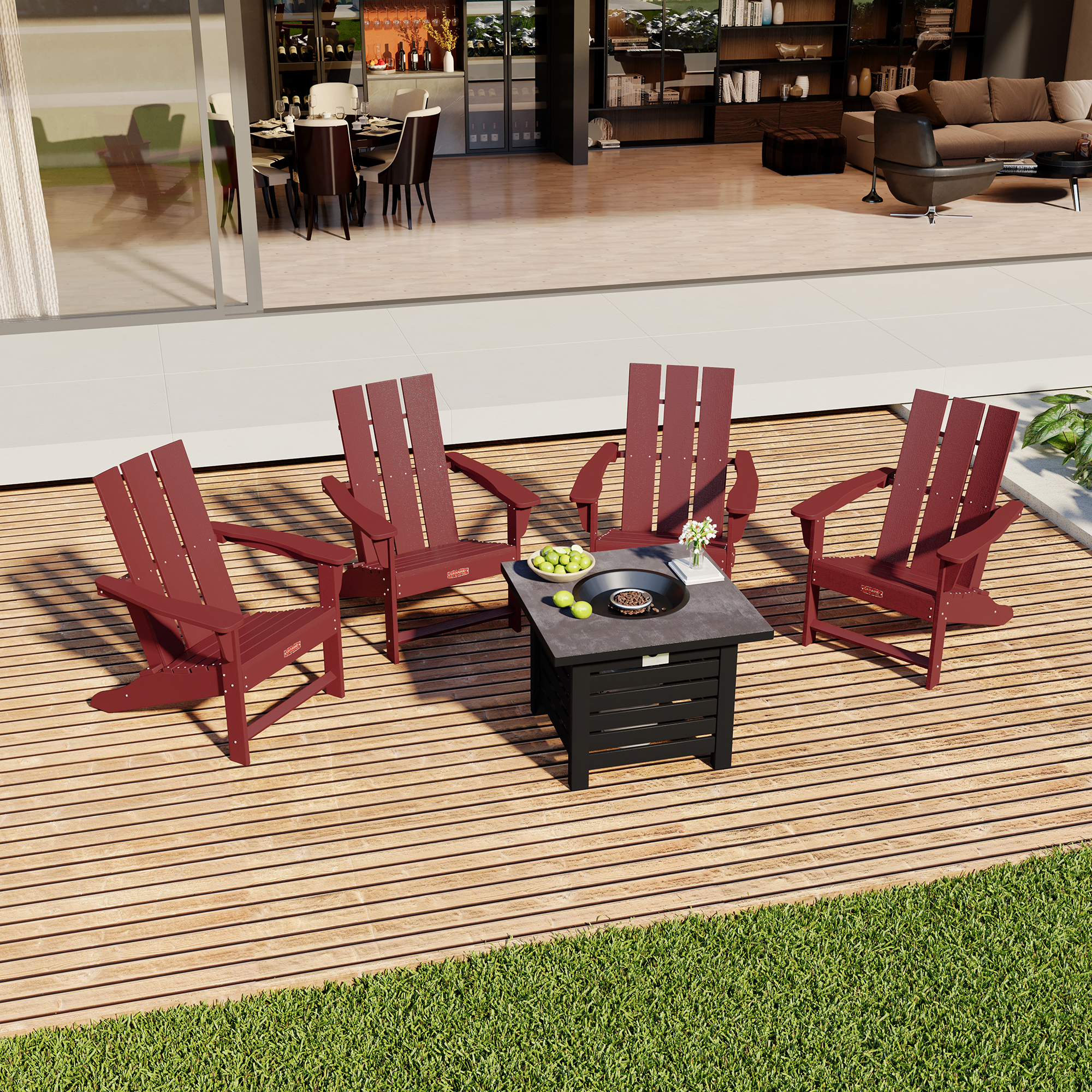 5-Piece / 3-Piece  HDPE Adirondack Chairs Outdoor Conversation Set with 32-inch Propane Fire Pit Table