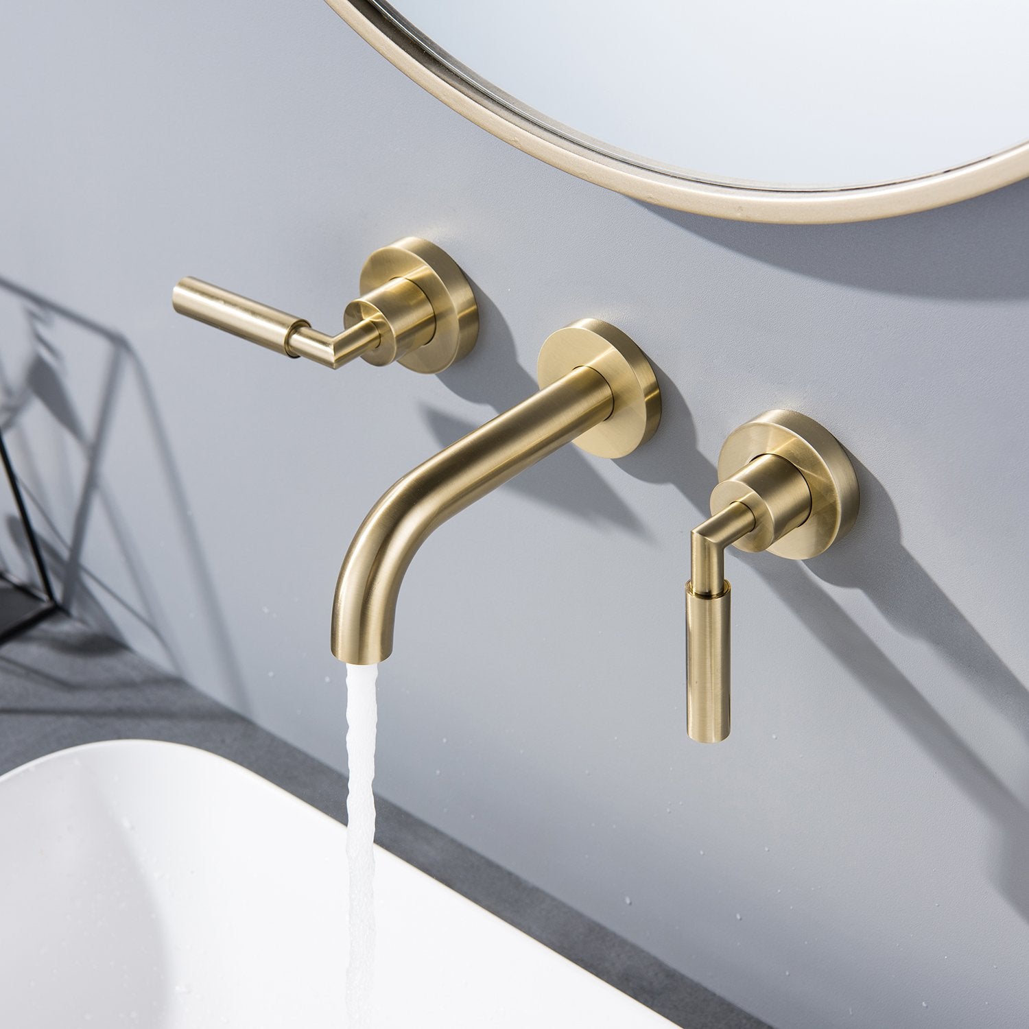 Modern 2-Handle 3-Hole Brass Wall Mounted Bathroom Faucet in Brushed Gold