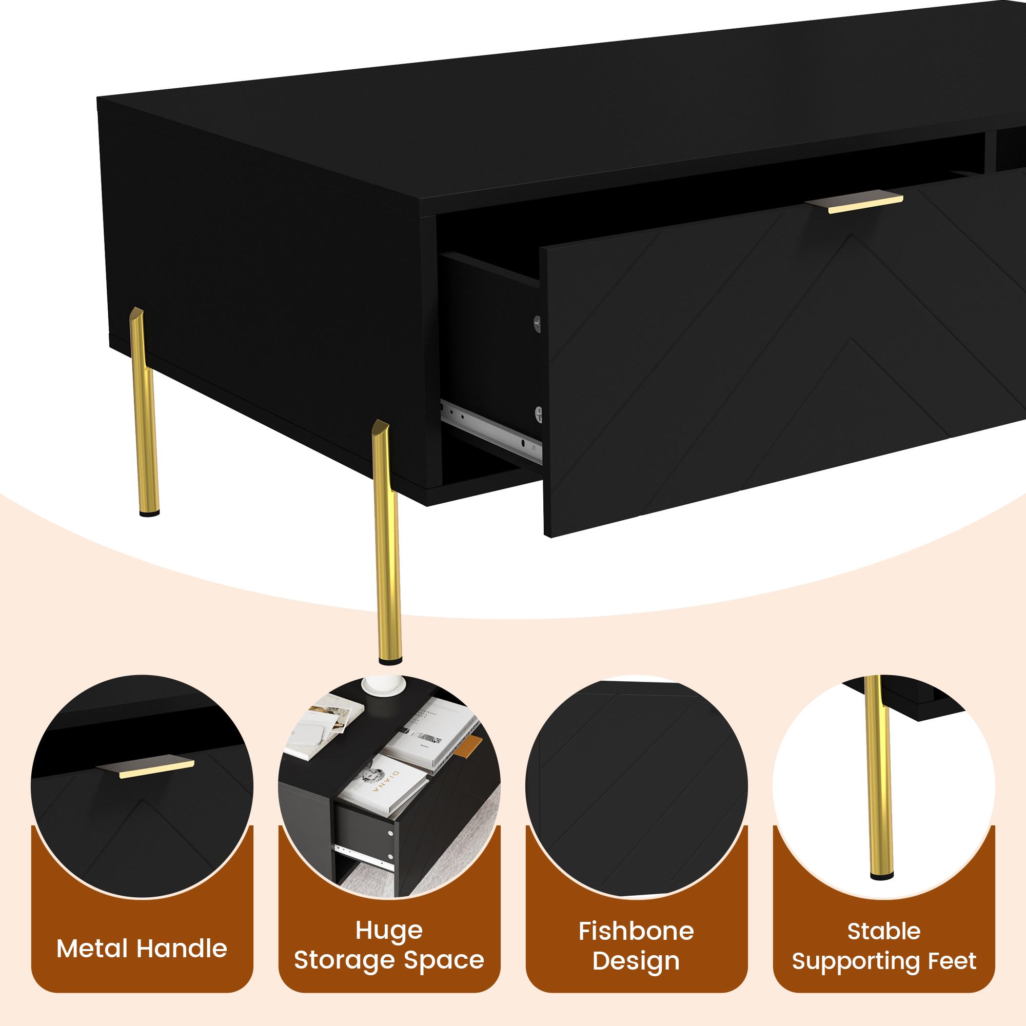 Mid-Century Modern Coffee Table, 48" Rectangle Coffee Table with Double Drawers, Gold Metal Decor, Center Table for Living Room,White