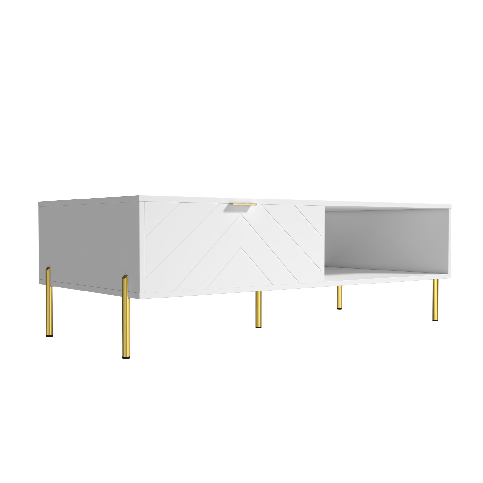Mid-Century Modern Coffee Table, 48" Rectangle Coffee Table with Double Drawers, Gold Metal Decor, Center Table for Living Room,White