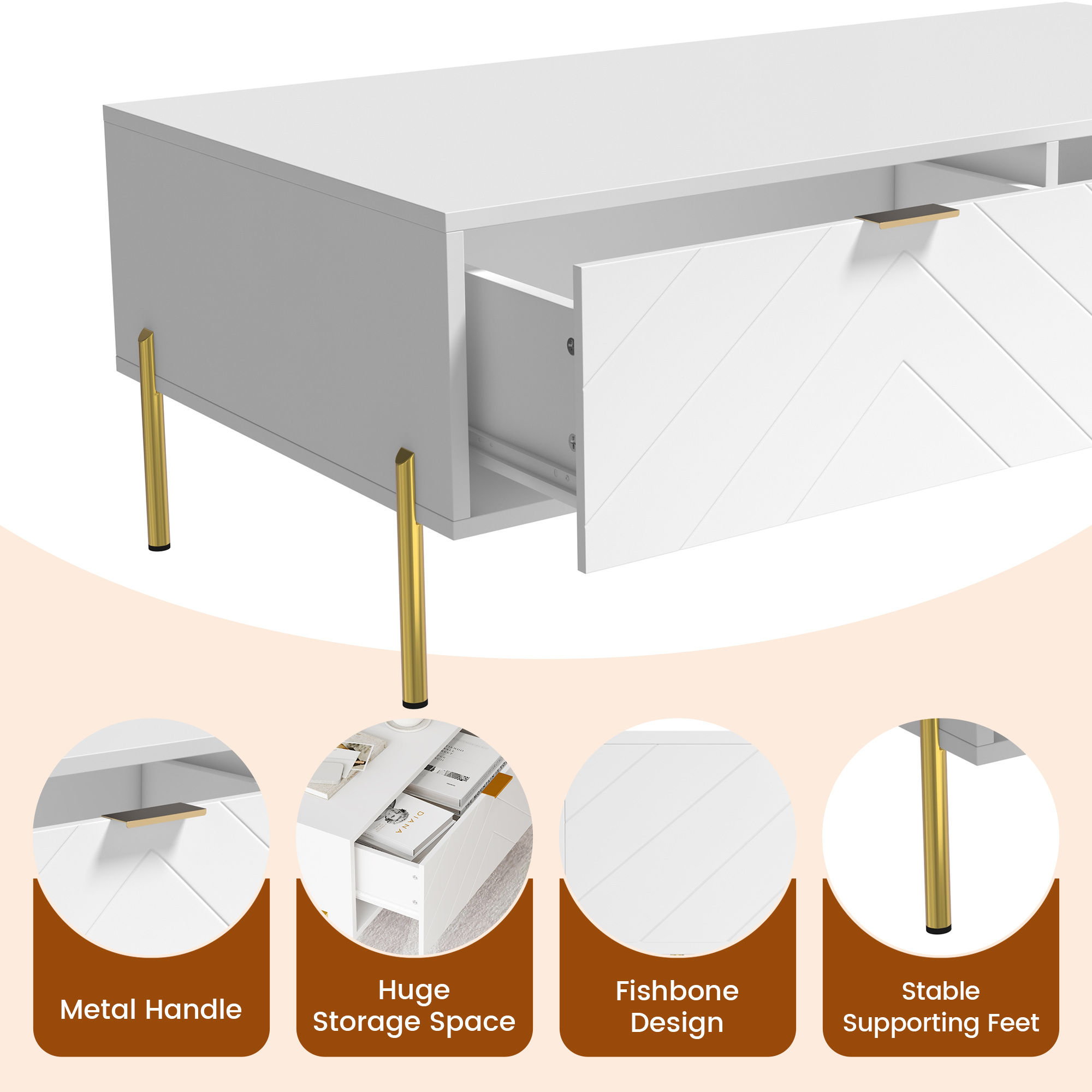 Mid-Century Modern Coffee Table, 48" Rectangle Coffee Table with Double Drawers, Gold Metal Decor, Center Table for Living Room,White