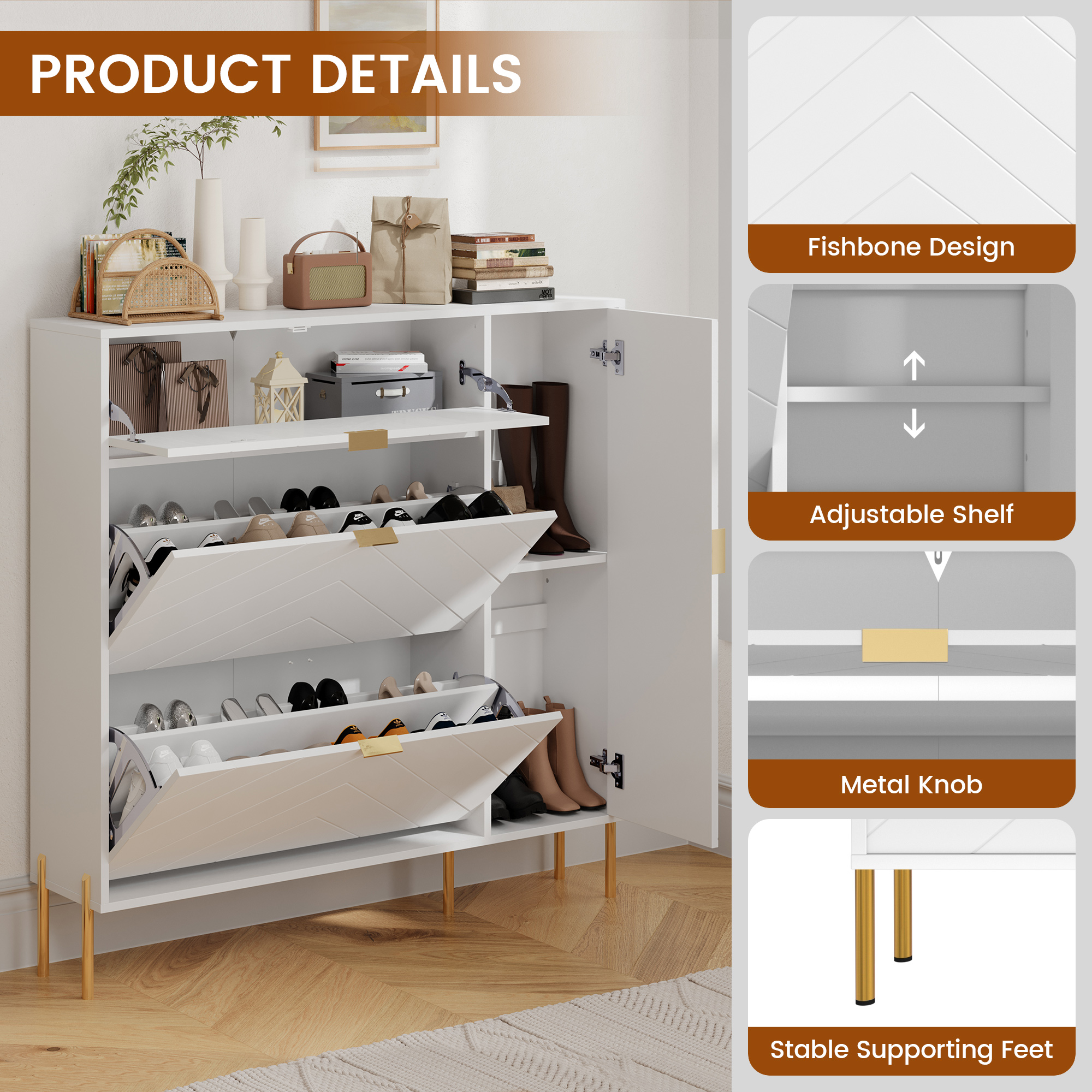 49.21 in. H x 9.45 in. W x 43.31 in. L White Wood Shoe Storage Cabinet with Flip-Up Drawers, Adjustable Shelf