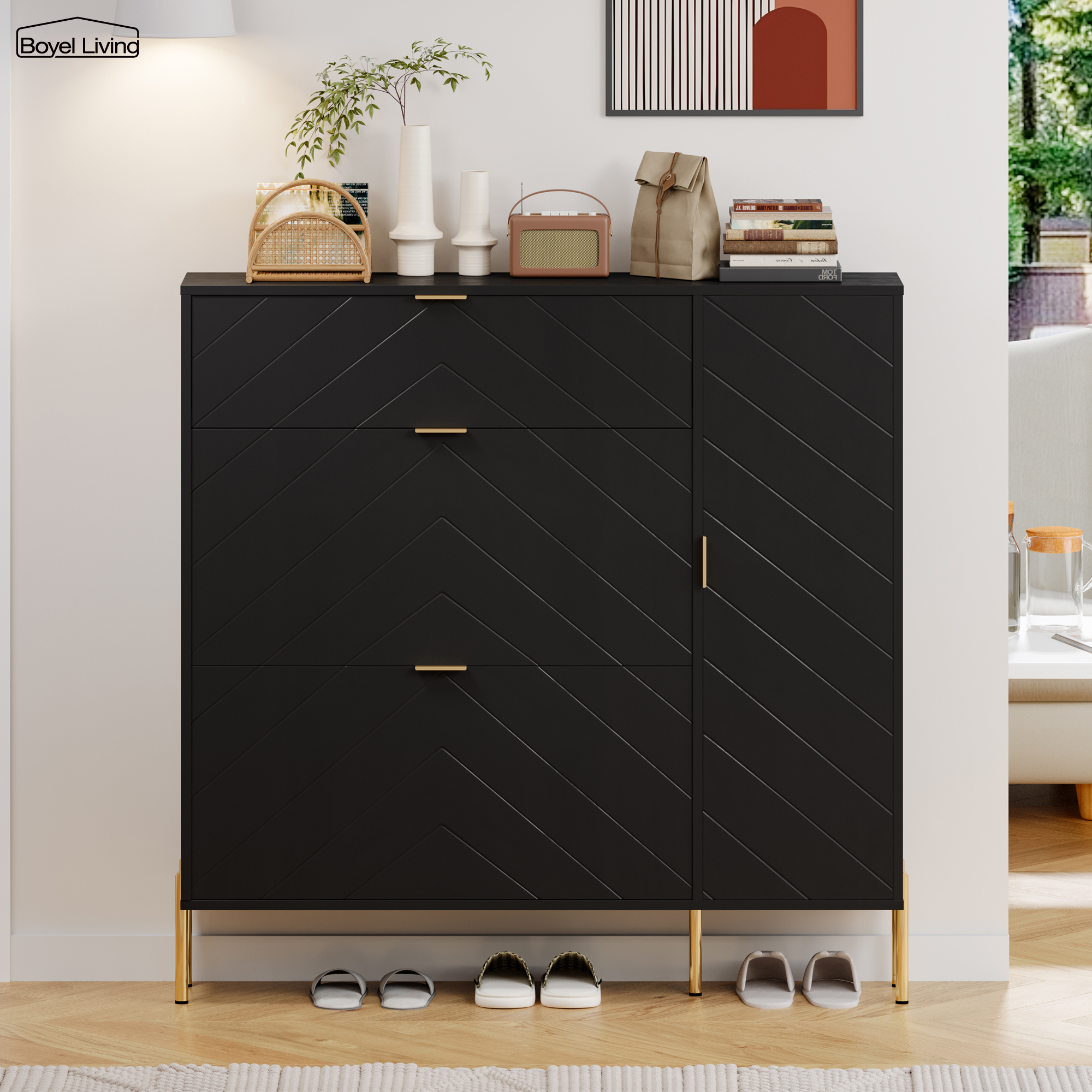 49.21 in. H x 9.45 in. W x 43.31 in. L White Wood Shoe Storage Cabinet with Flip-Up Drawers, Adjustable Shelf