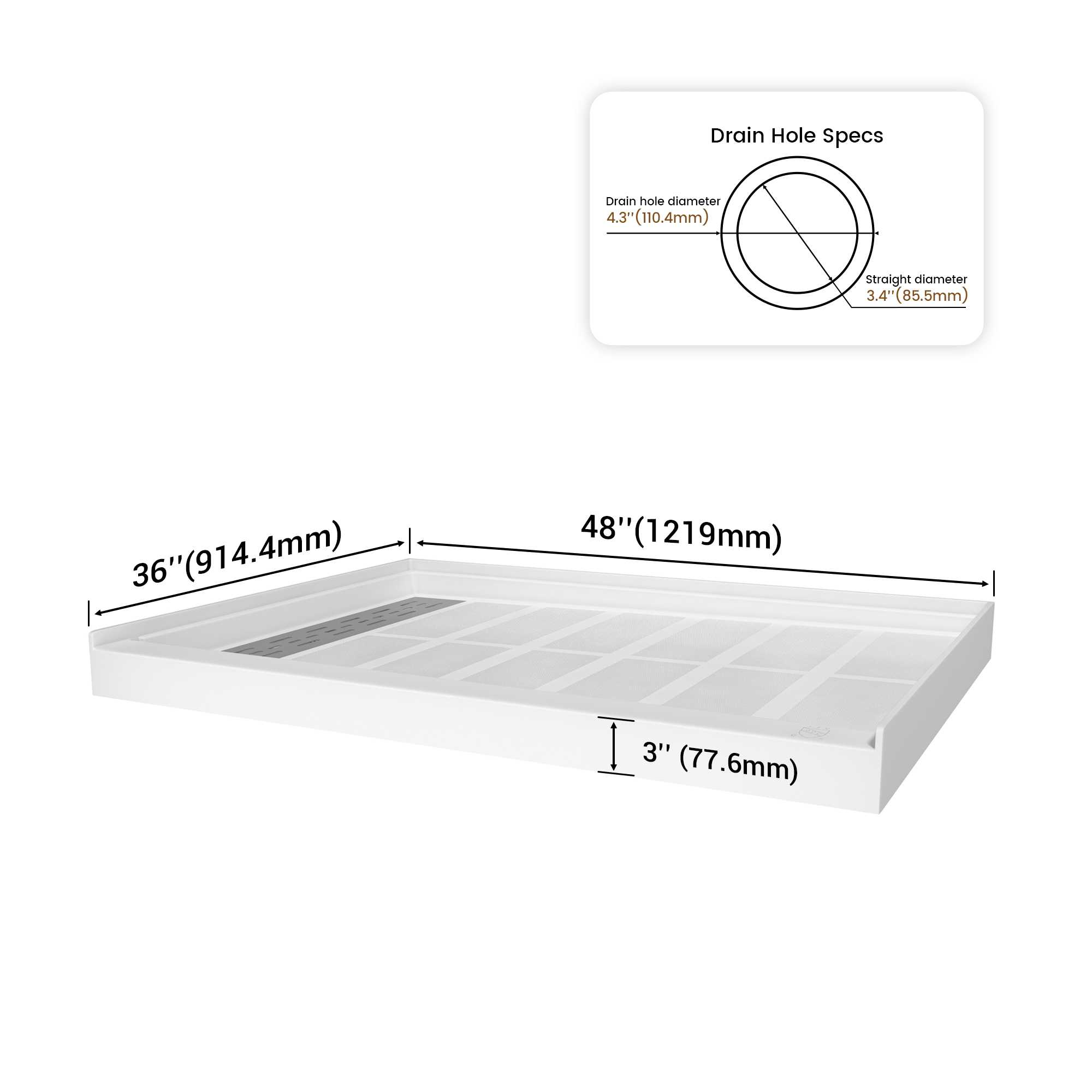 48"x36" SMC Solid White Shower Base with Non-Slip Surface, CUPC Certified