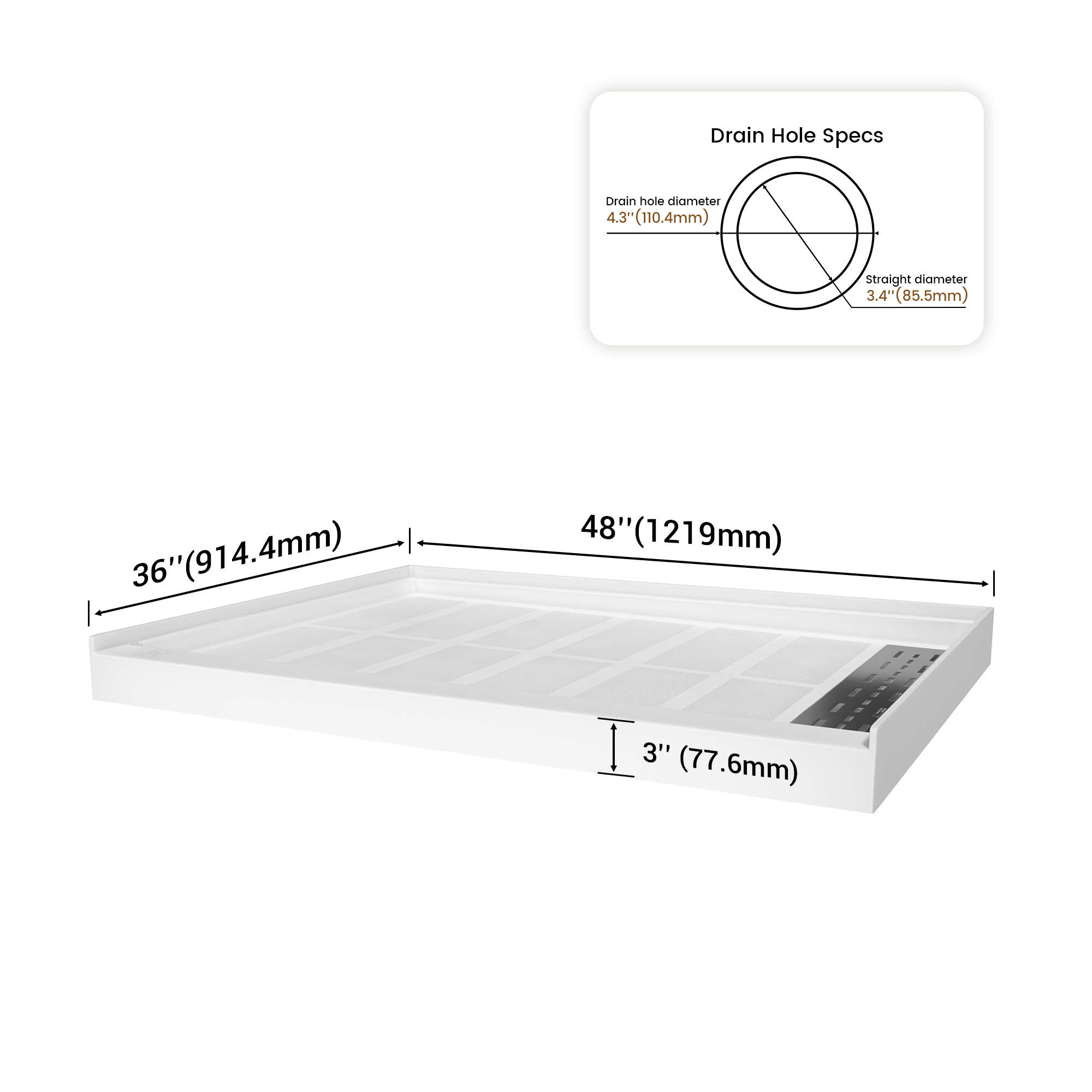 48"x36" SMC Solid White Shower Base with Non-Slip Surface, CUPC Certified