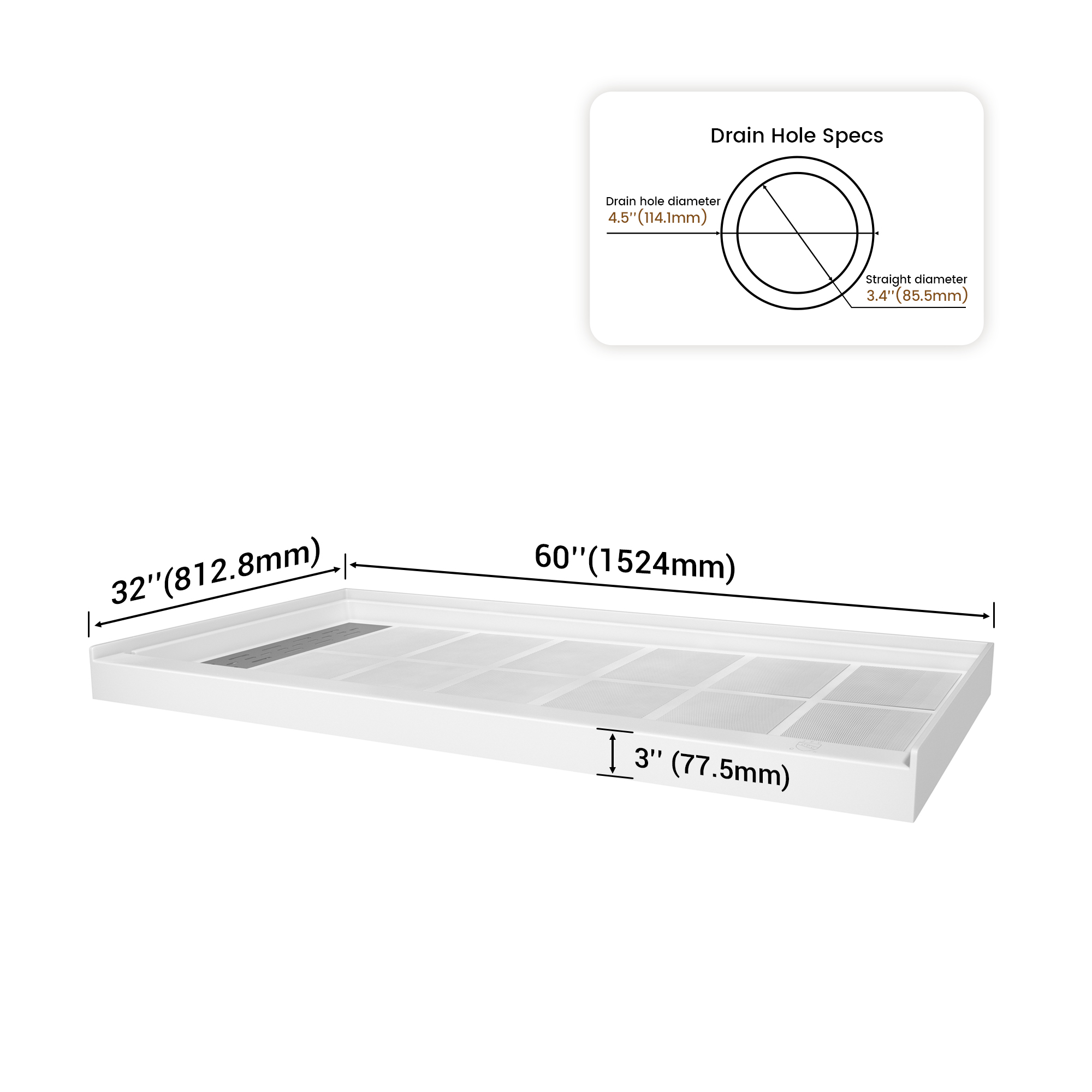 60"x32" White Solid Surface Single Threshold Alcove Shower Pan Base