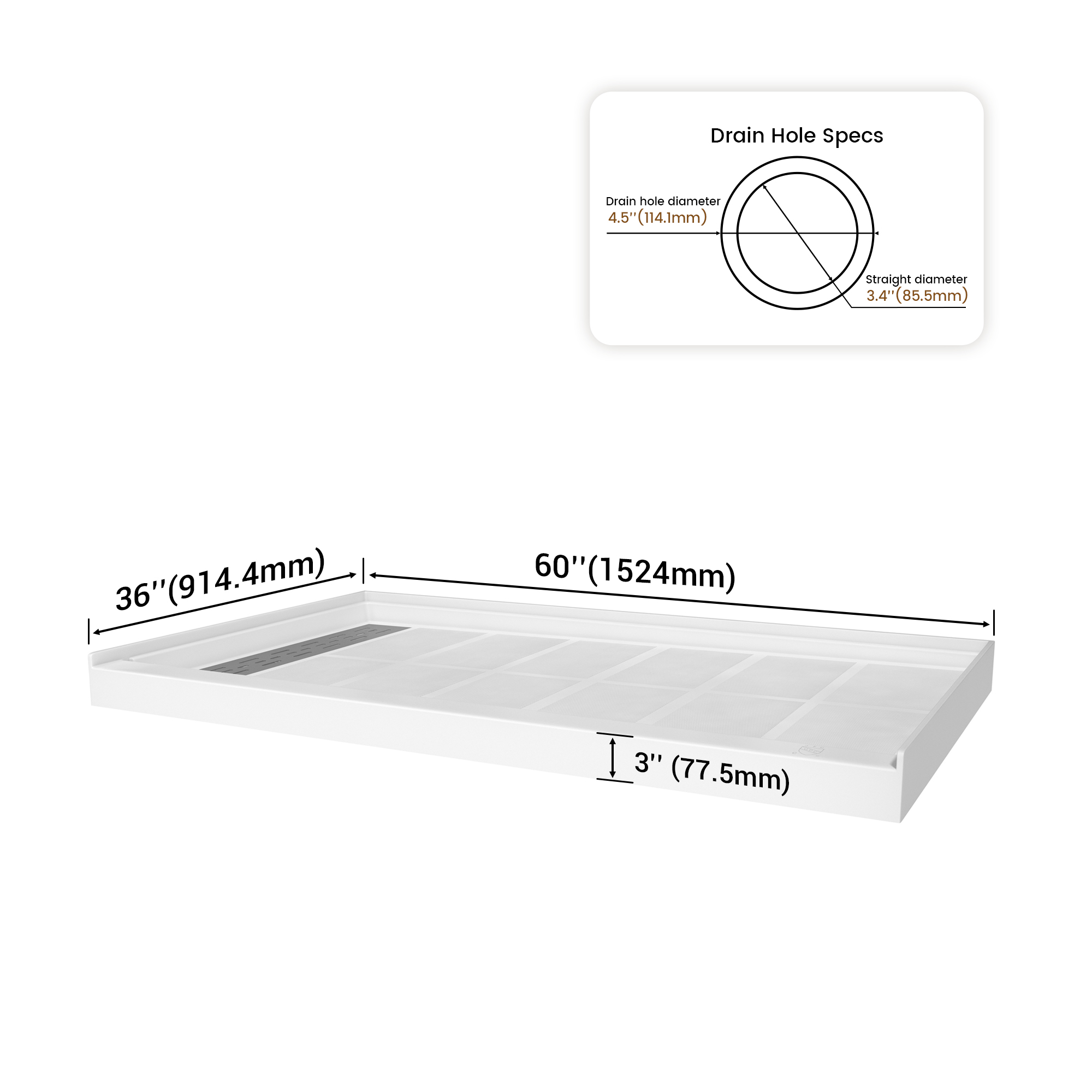 60"x36" White Solid Surface Rectangle Single Threshold Shower Pan Base