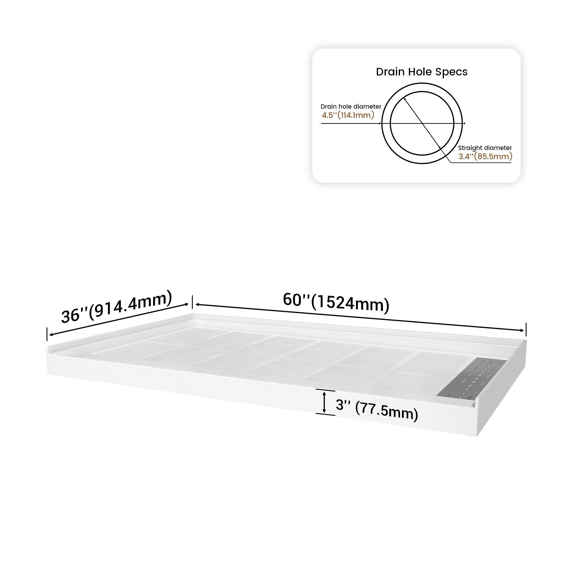 60"x36" White Solid Surface Rectangle Single Threshold Shower Pan Base