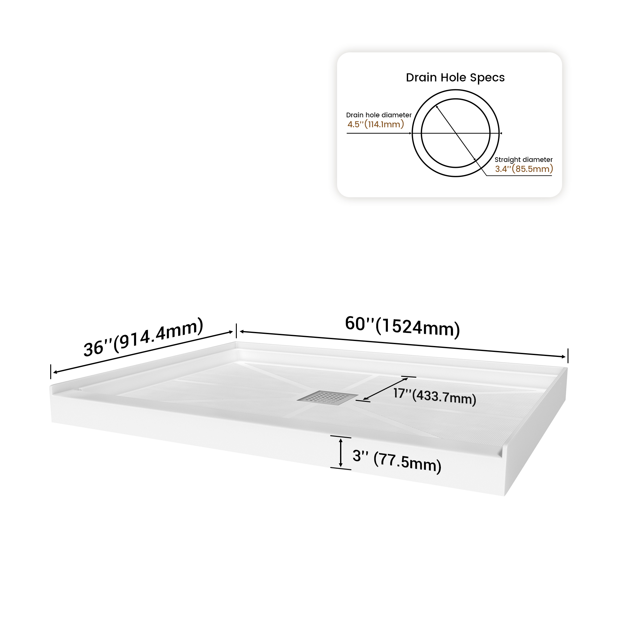 Rectangle Solid Surface White Shower Pan Base with Center Drain