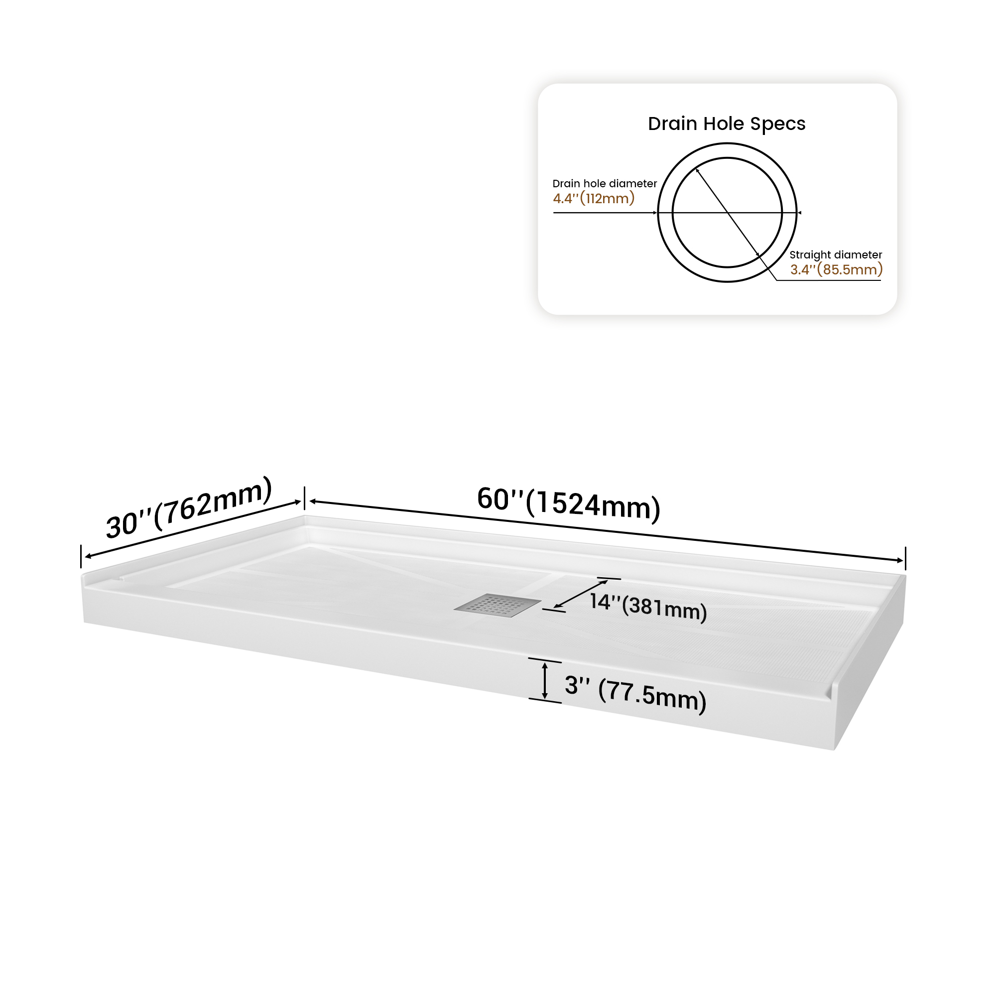 Rectangle Solid Surface White Shower Pan Base with Center Drain