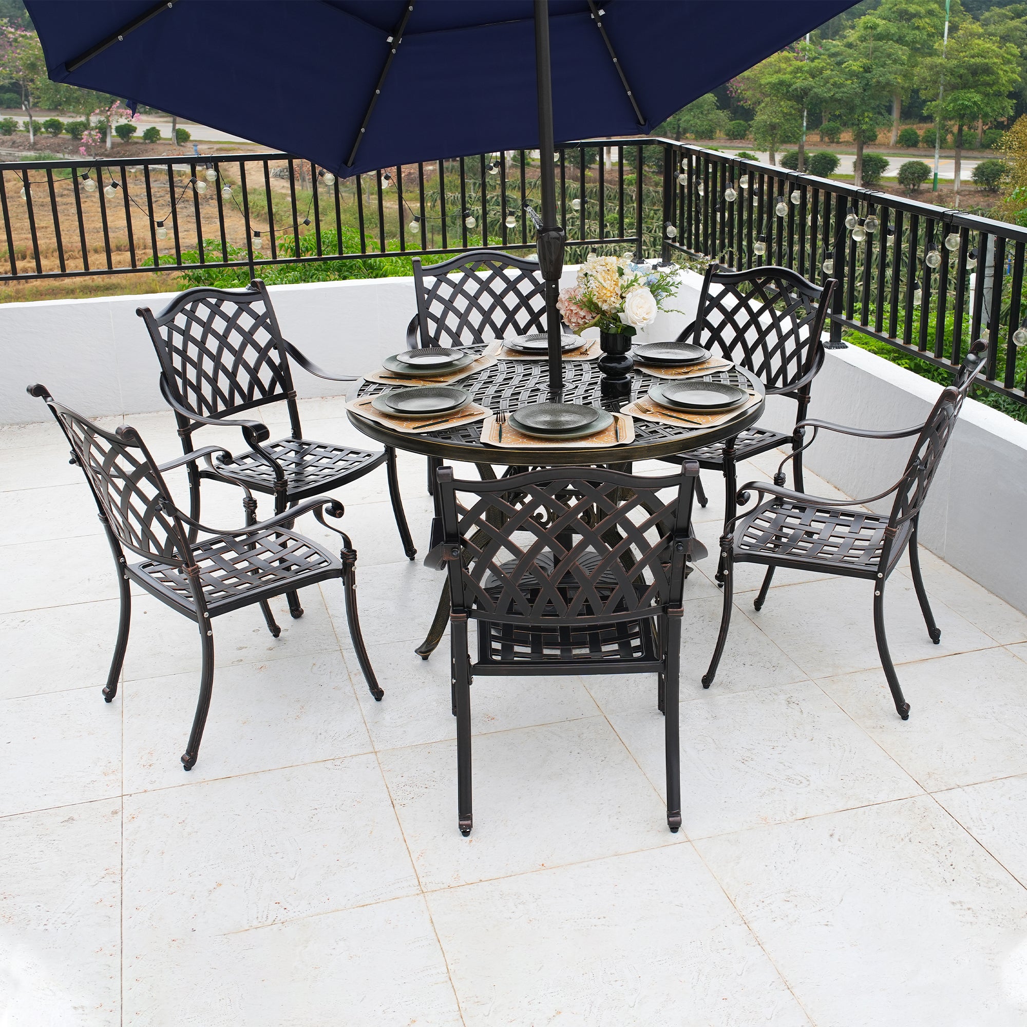 Set of 2 Bronze/White Cast Aluminum Patio Dining Chairs