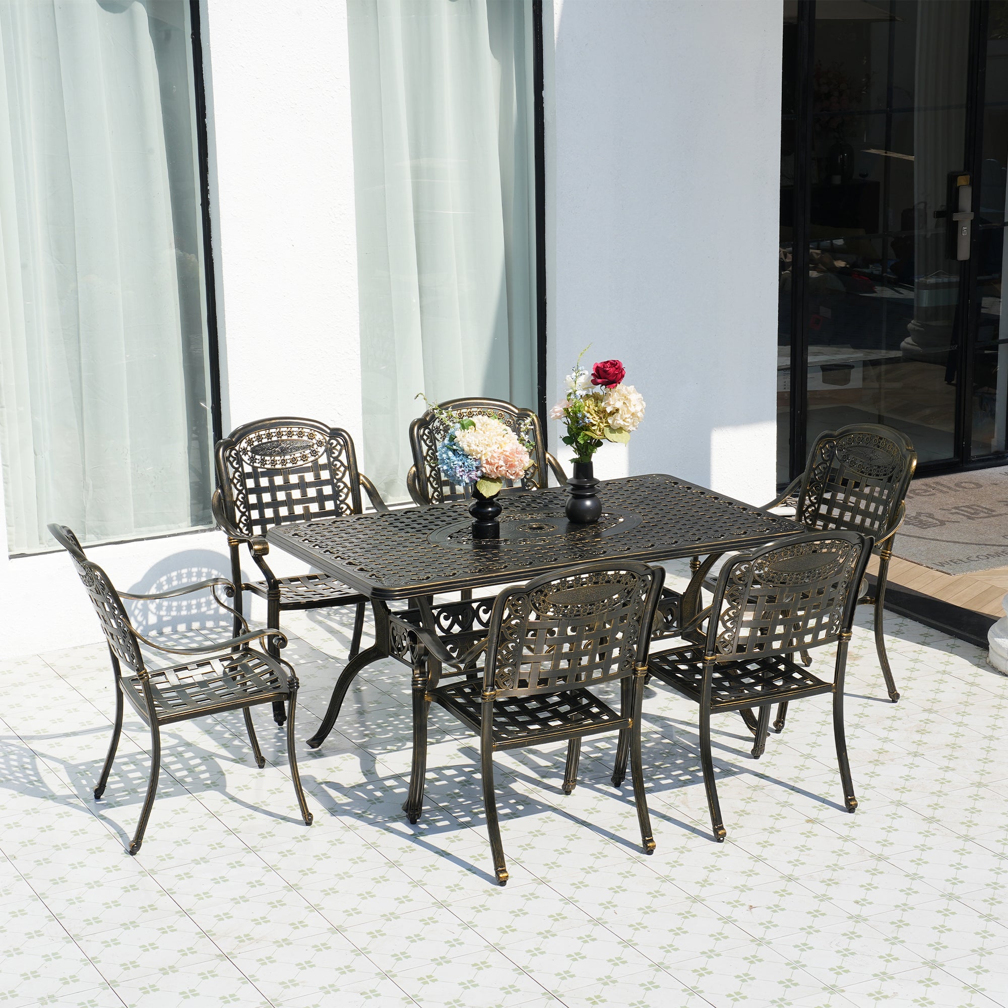 Cast Aluminium Patio-Set 7-Piece Bronze Patio Dining Set Aluminum Rectangle Table with 6 Stationary Chairs