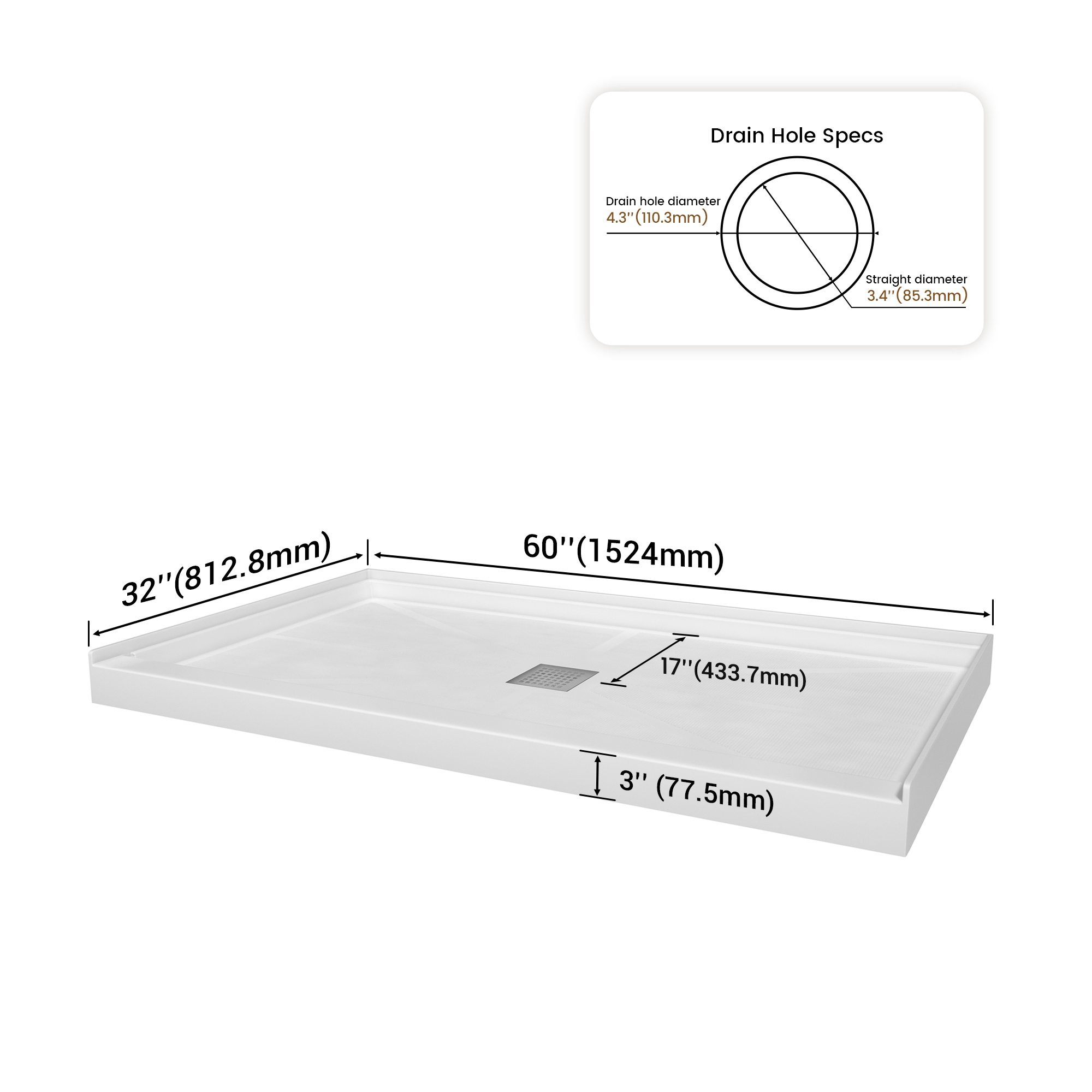 Rectangle Solid Surface White Shower Pan Base with Center Drain