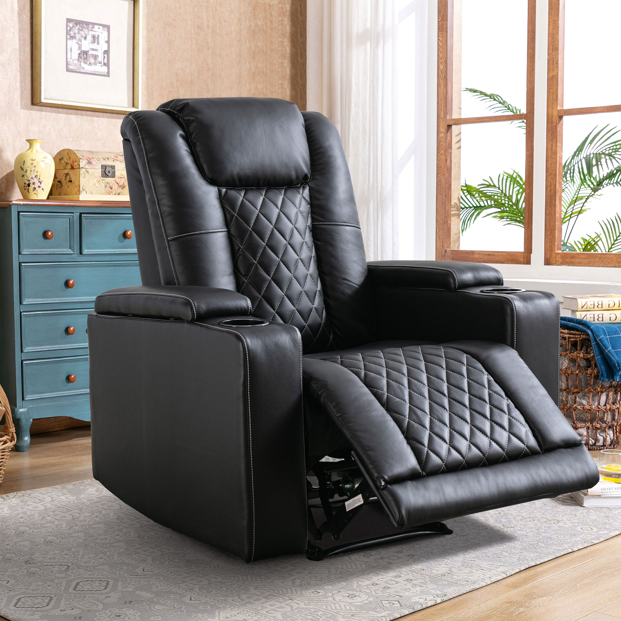 PU Leather Power Recliner Home Theater Recliner with Cup Holder, USB Port