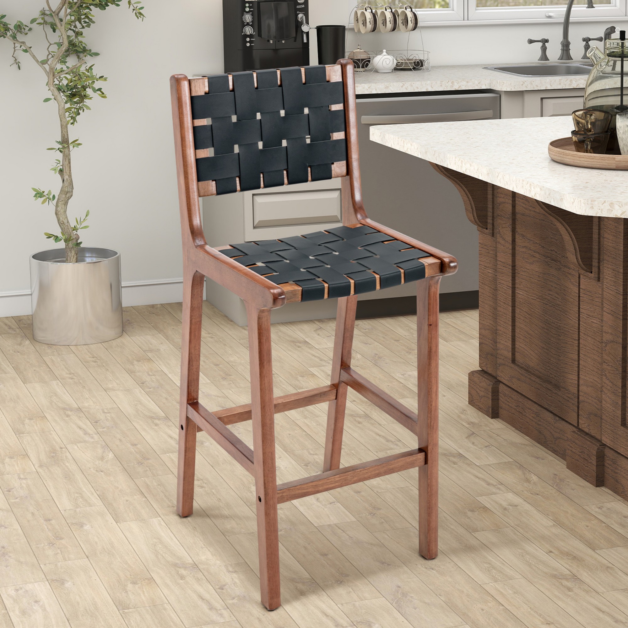 Woven Leather Bar Stool, Counter Height Bar Stools - Black