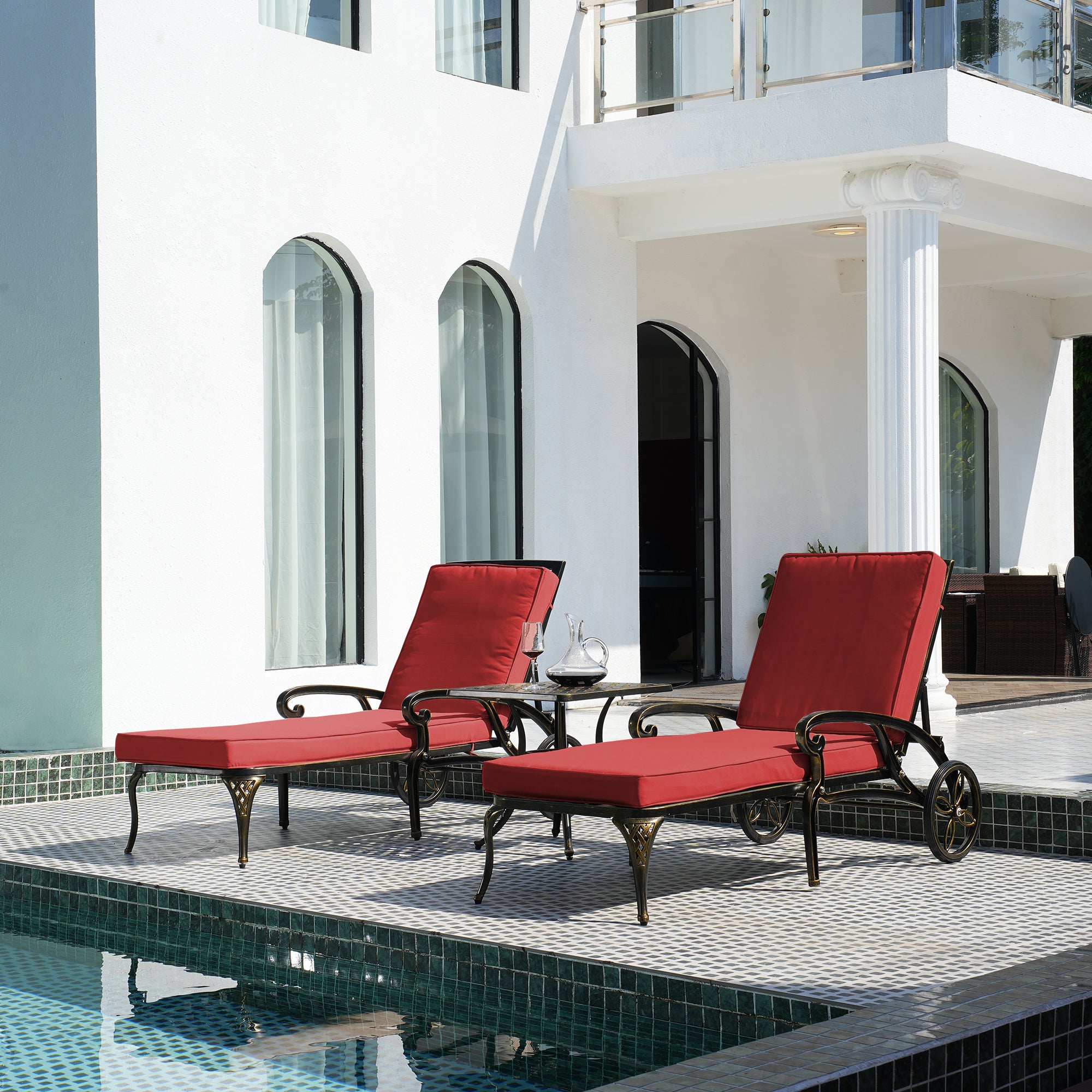 3-Piece Cast Aluminum Outdoor Chaise Lounge with Side Table and Beige/Red Cushion