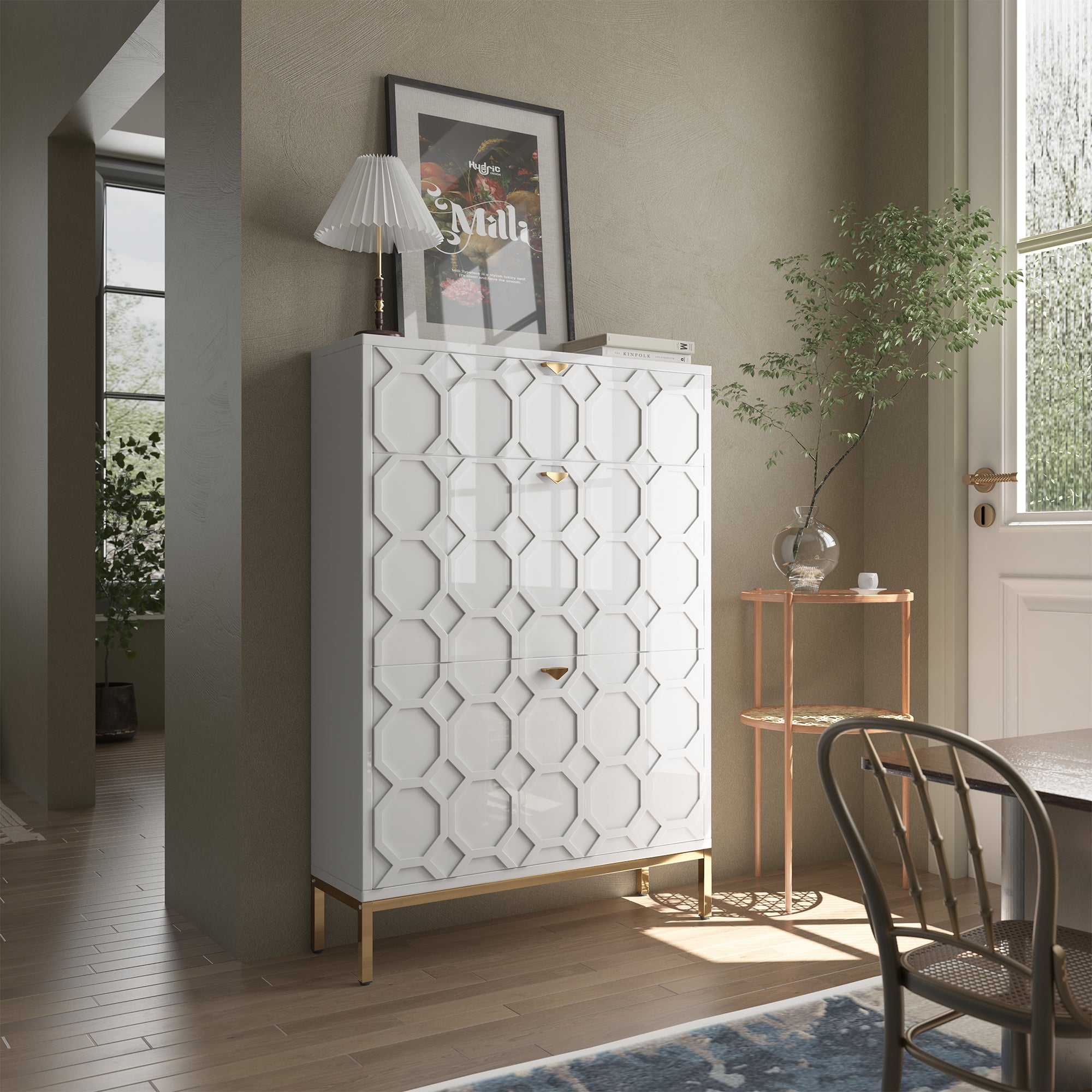 Boyel Living 46.5 in.H x 31.5 in.W White Shoe Storage Cabinet with Drawers and Golden Handle