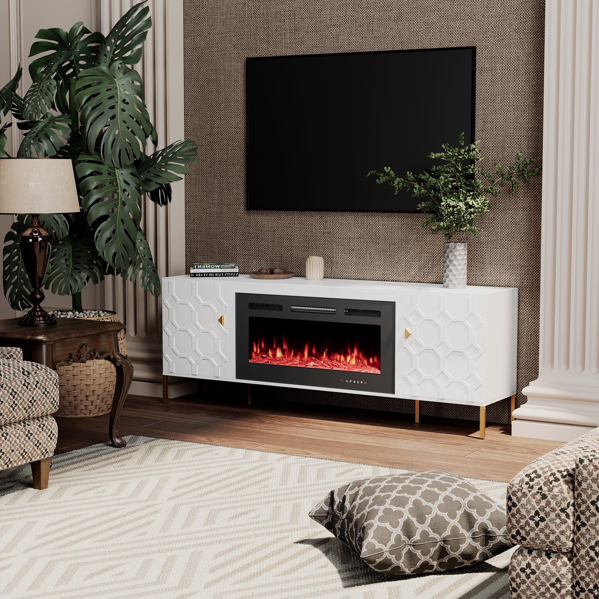 70.08'' Wide Storage Cabinet with Electric Fireplace