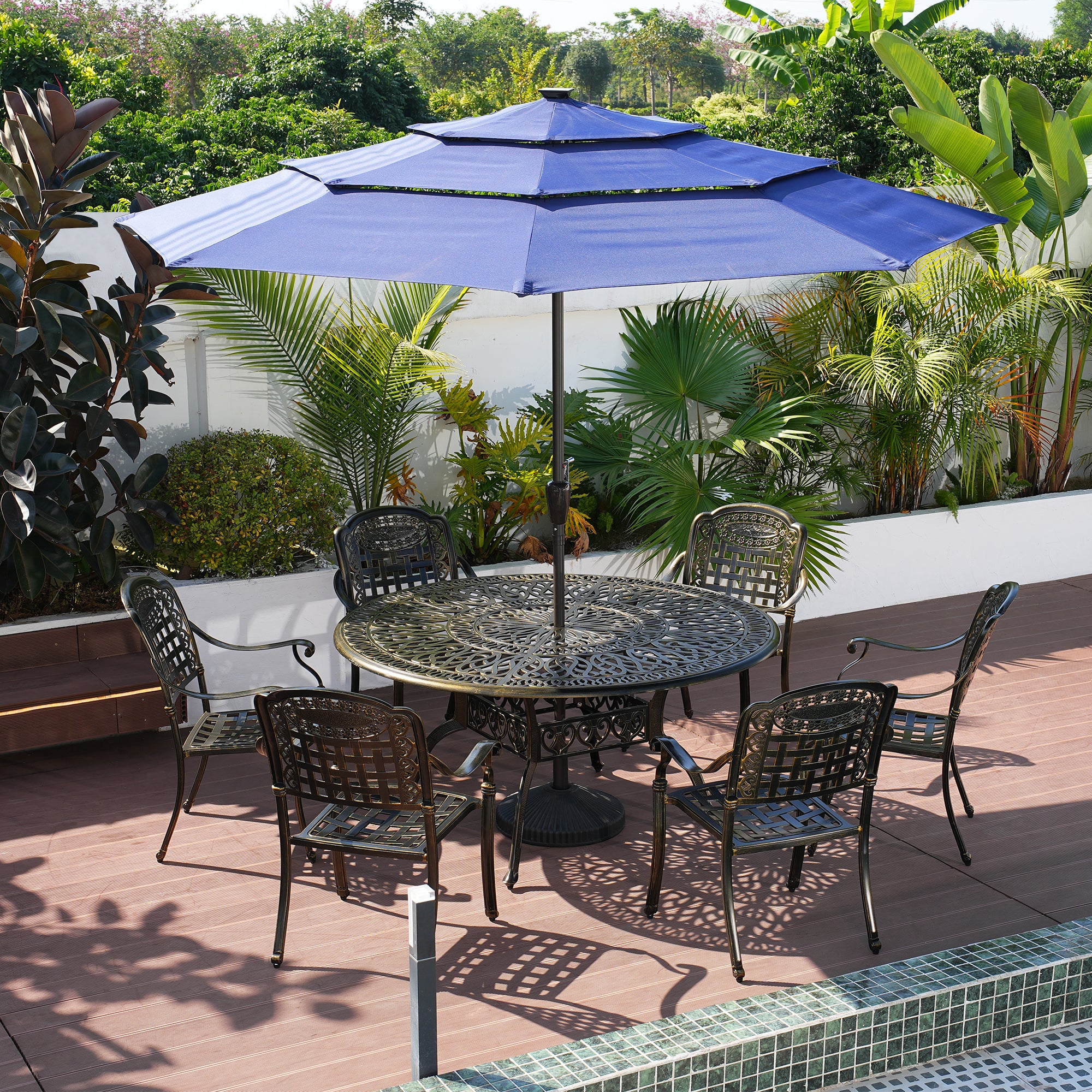 Cast Aluminium Patio-Set 7-Piece Bronze Patio Dining Set Aluminum Round Table with 6 Stationary Chairs, Suitable for backyards, patios, balconies and gardens