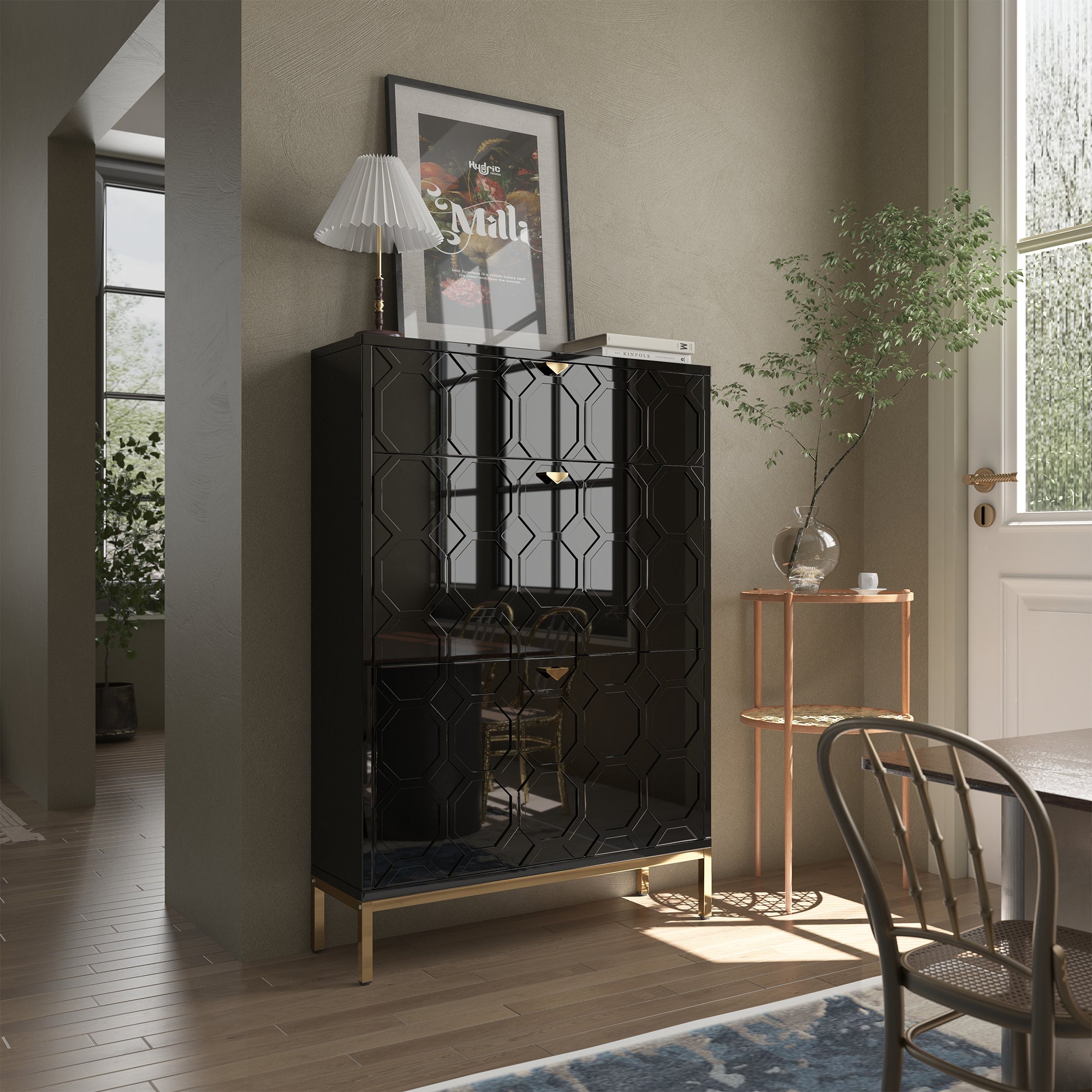 Boyel Living 46.5 in.H x 31.5 in.W White Shoe Storage Cabinet with Drawers and Golden Handle