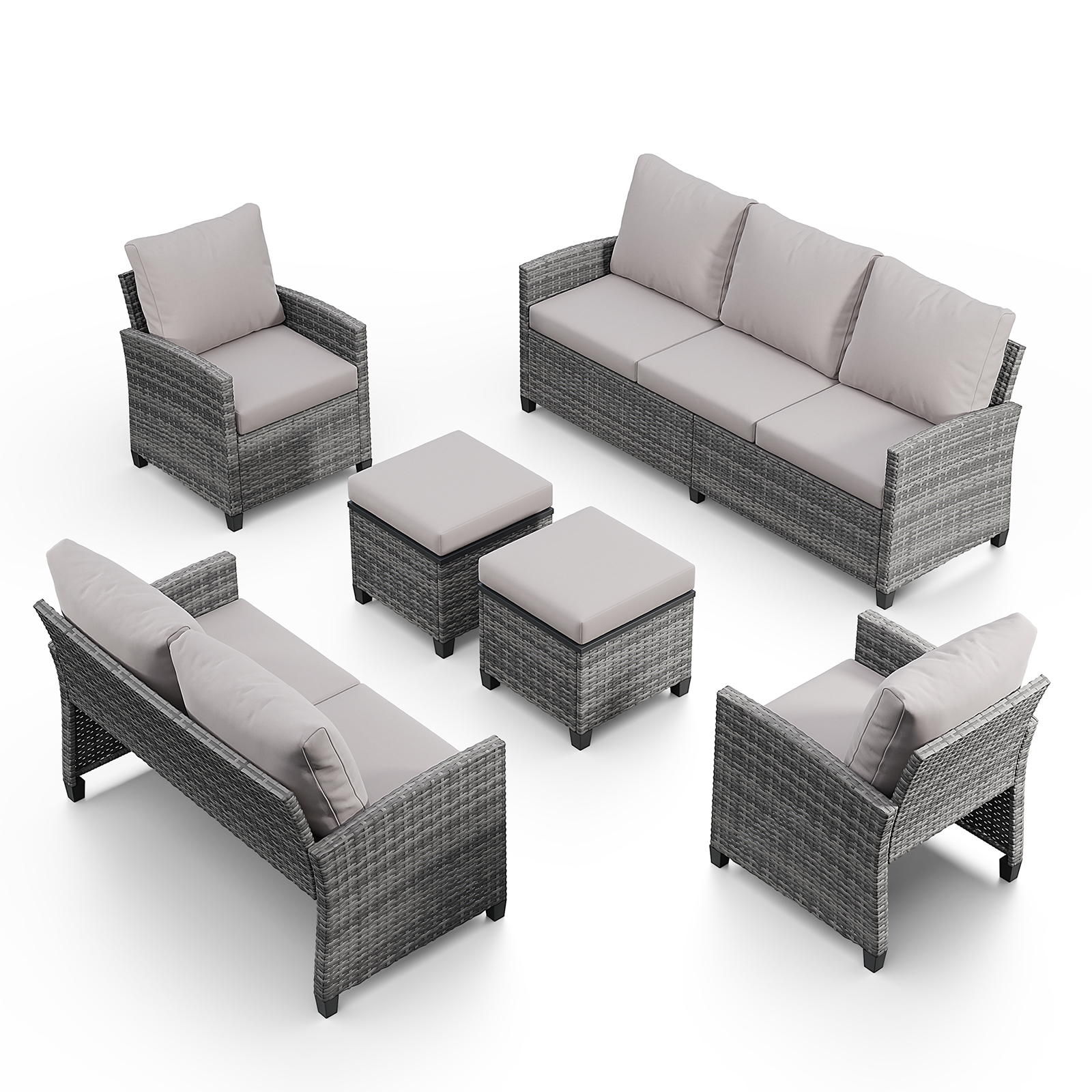 5-Piece PE Rattan Patio Furniture Set – 3-Seater Sofa, 2 Armchairs, 2 Ottomans with Cushions, Outdoor Lounge Seating, Gray/Beige/Blue
