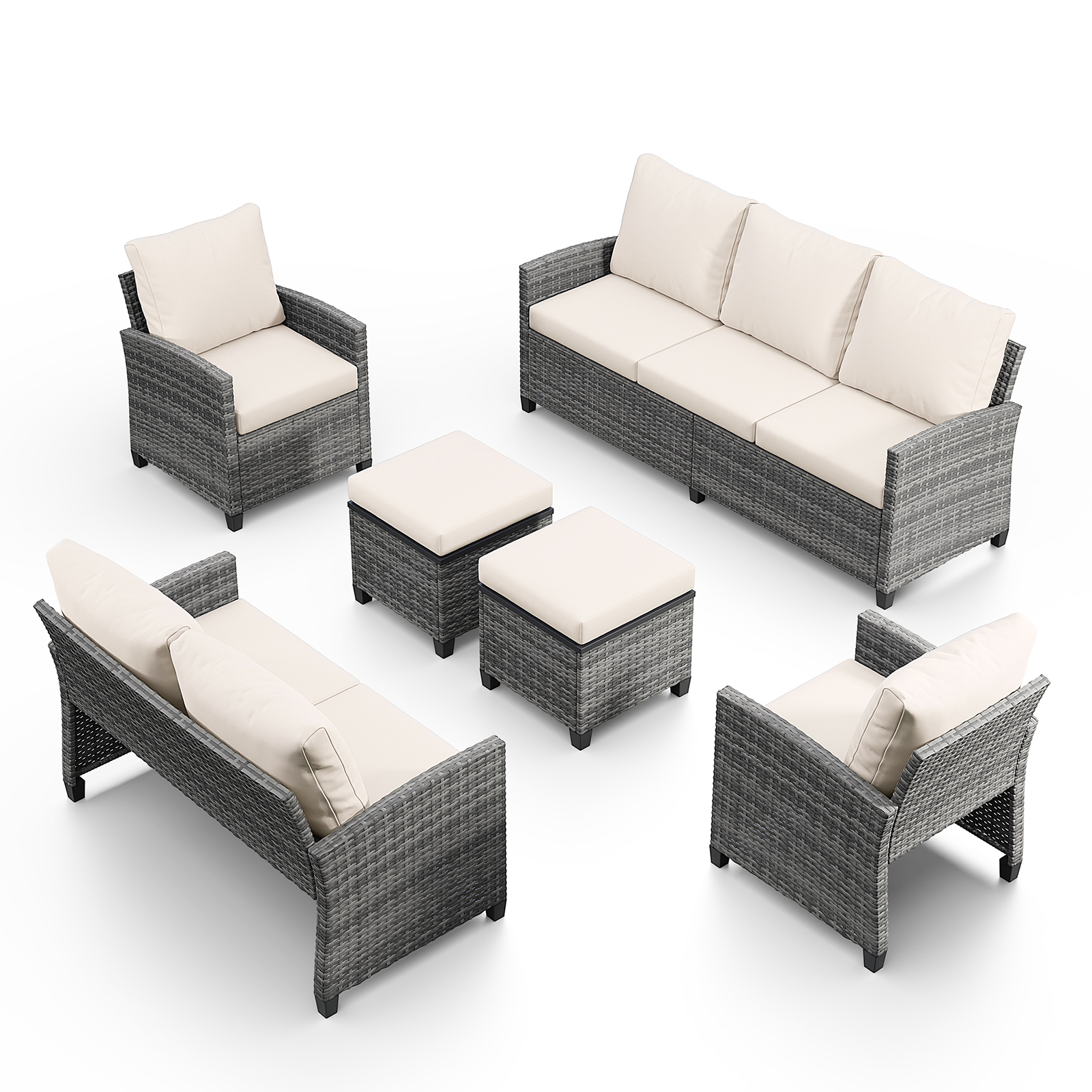 5-Piece PE Rattan Patio Furniture Set – 3-Seater Sofa, 2 Armchairs, 2 Ottomans with Cushions, Outdoor Lounge Seating, Gray/Beige/Blue