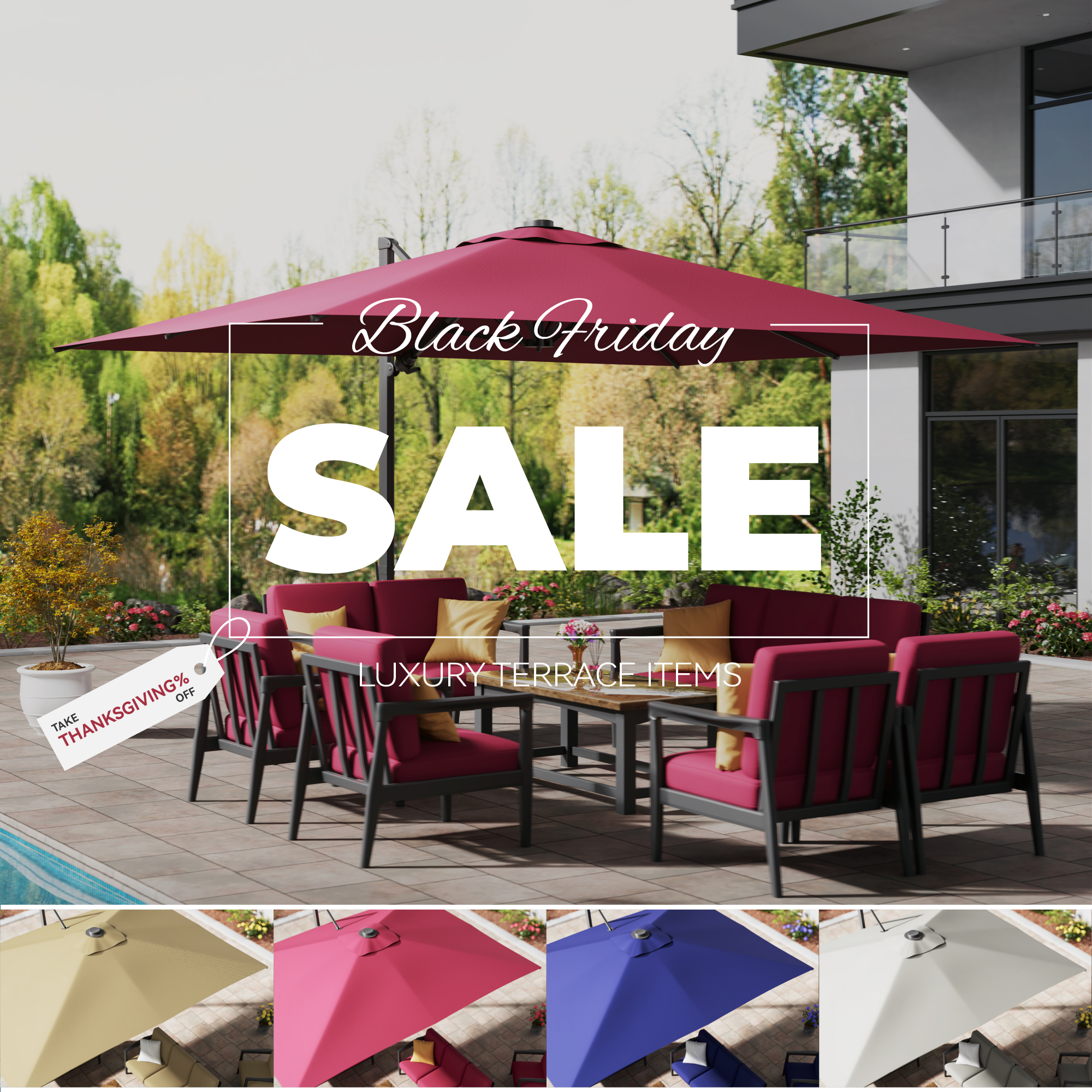 10ft Square Bluetooth Ambient Light 360° Rotation Outdoor Cantilever Tilt Patio Umbrella