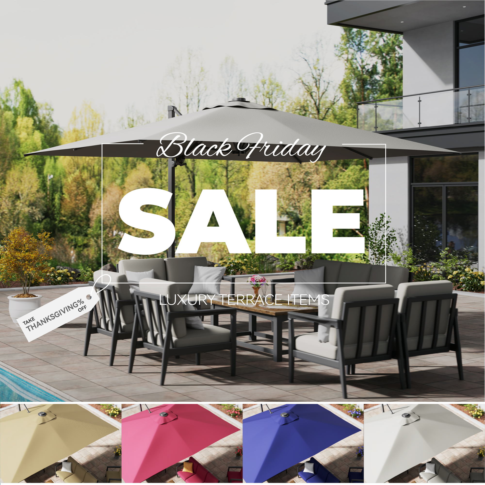 10ft Square Bluetooth Ambient Light 360° Rotation Outdoor Cantilever Tilt Patio Umbrella