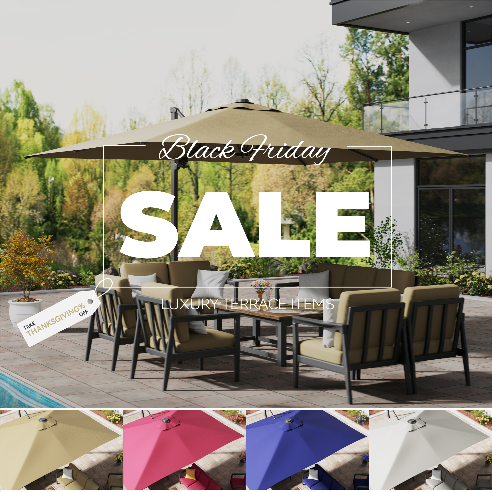 10ft Square Bluetooth Ambient Light 360° Rotation Outdoor Cantilever Tilt Patio Umbrella