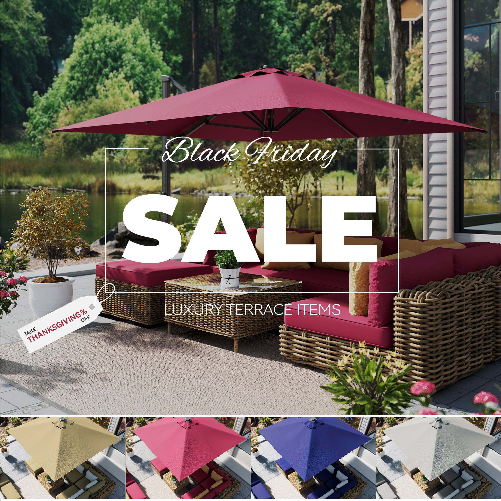 10ft Square Bluetooth Ambient Light 360° Rotation Outdoor Cantilever Tilt Patio Umbrella