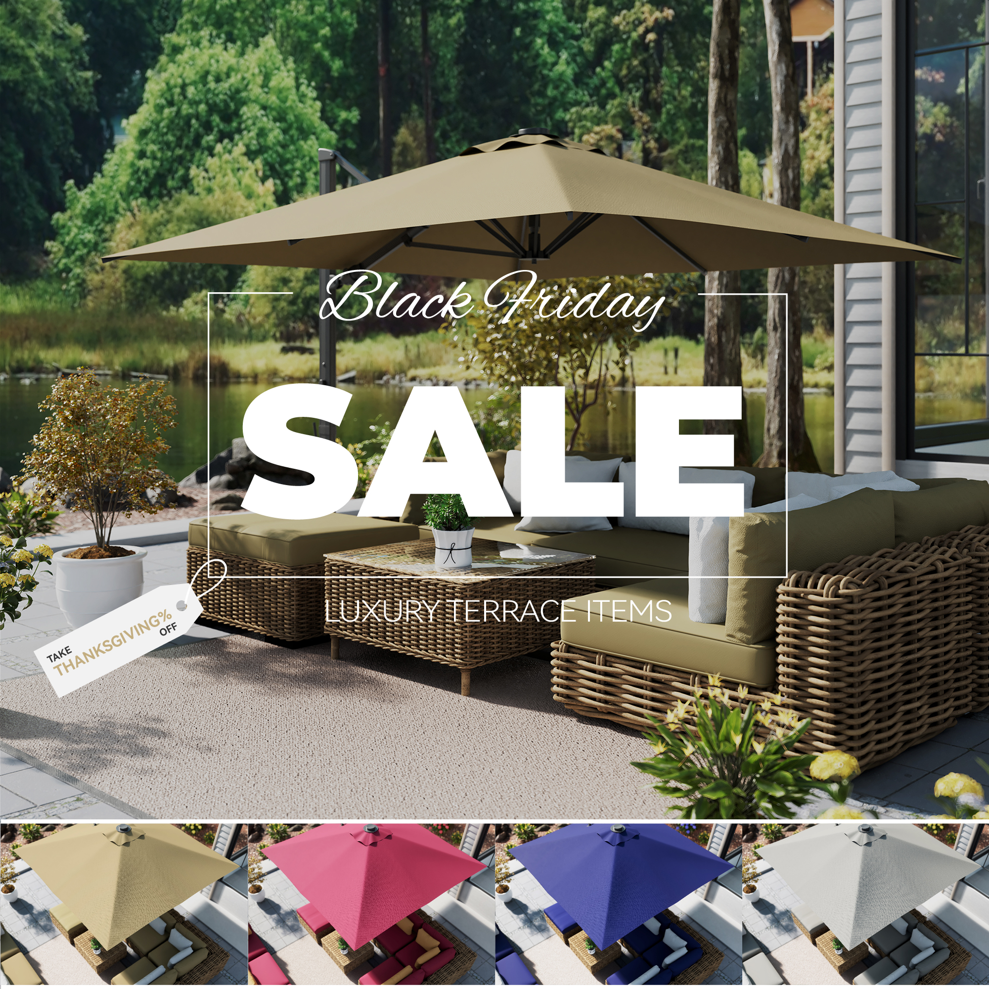 10ft Square Bluetooth Ambient Light 360° Rotation Outdoor Cantilever Tilt Patio Umbrella