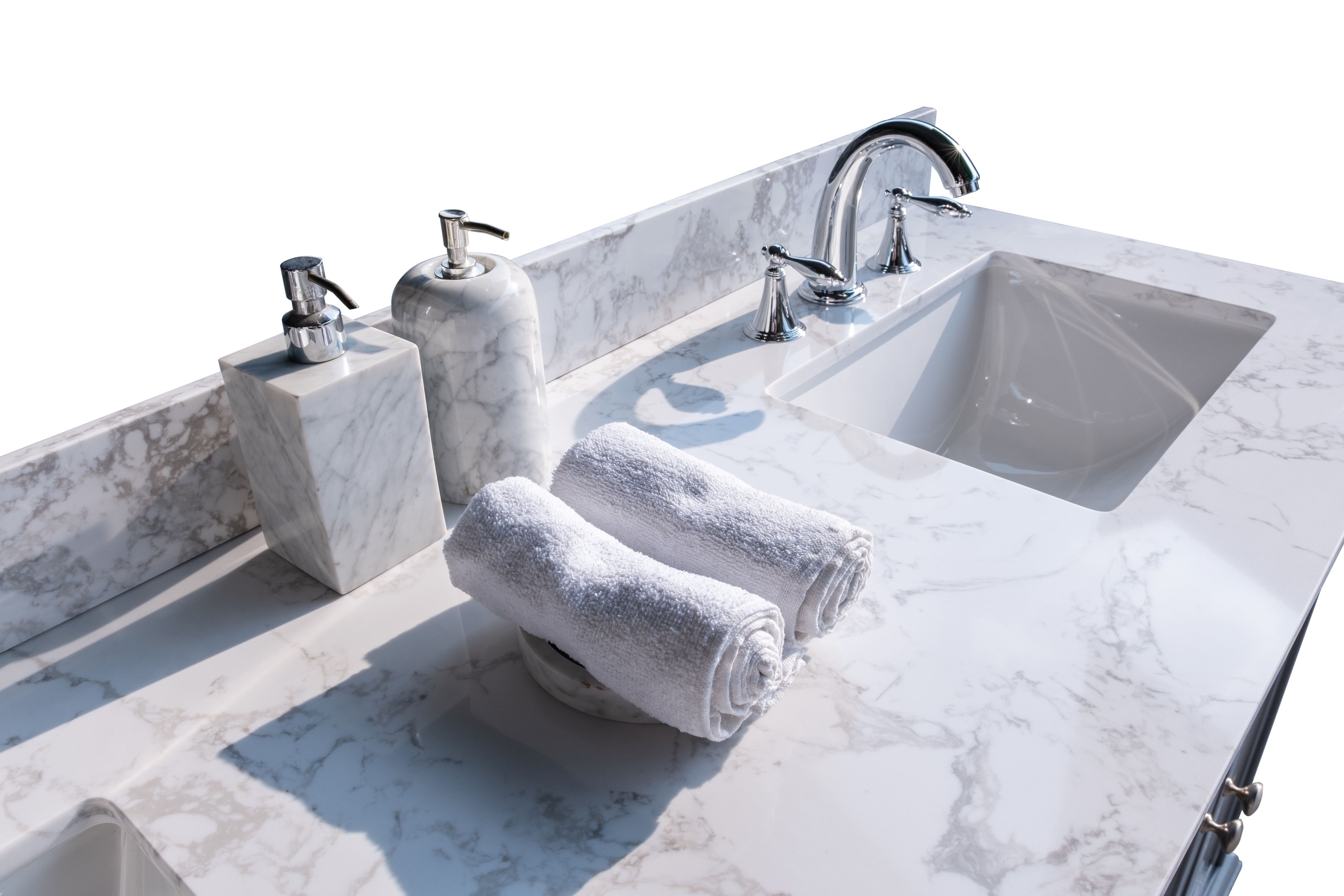 Montary carrara white engineered stone vanity top side backsplash 