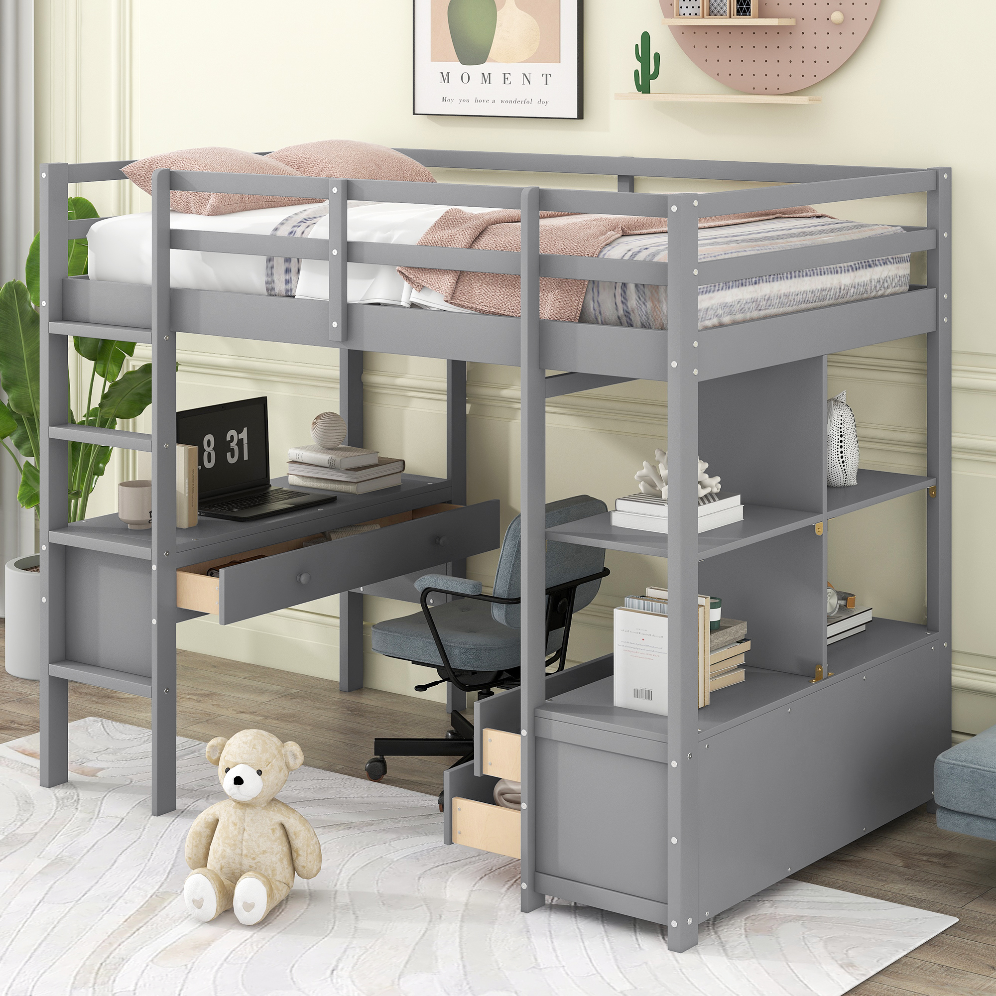 Twin Size Loft Bed with Built-in Desk with Two Drawers, and Storage Shelves and Drawers,White/Gray