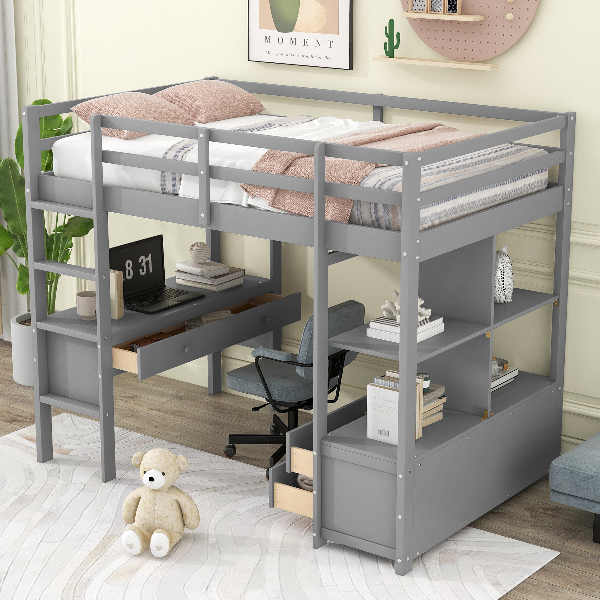 Twin Size Loft Bed with Built-in Desk with Two Drawers, and Storage Shelves and Drawers,White/Gray
