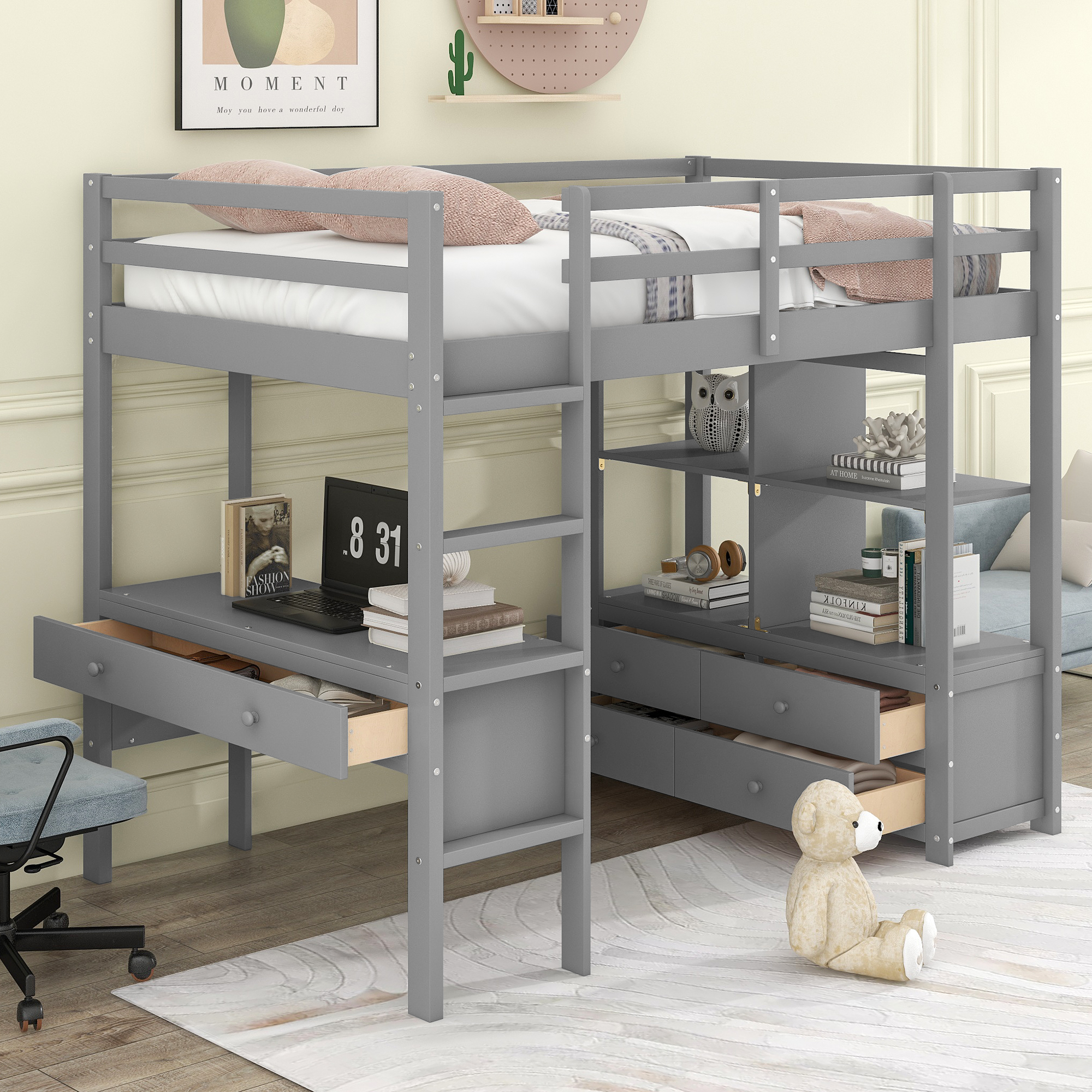 Twin Size Loft Bed with Built-in Desk with Two Drawers, and Storage Shelves and Drawers,White/Gray