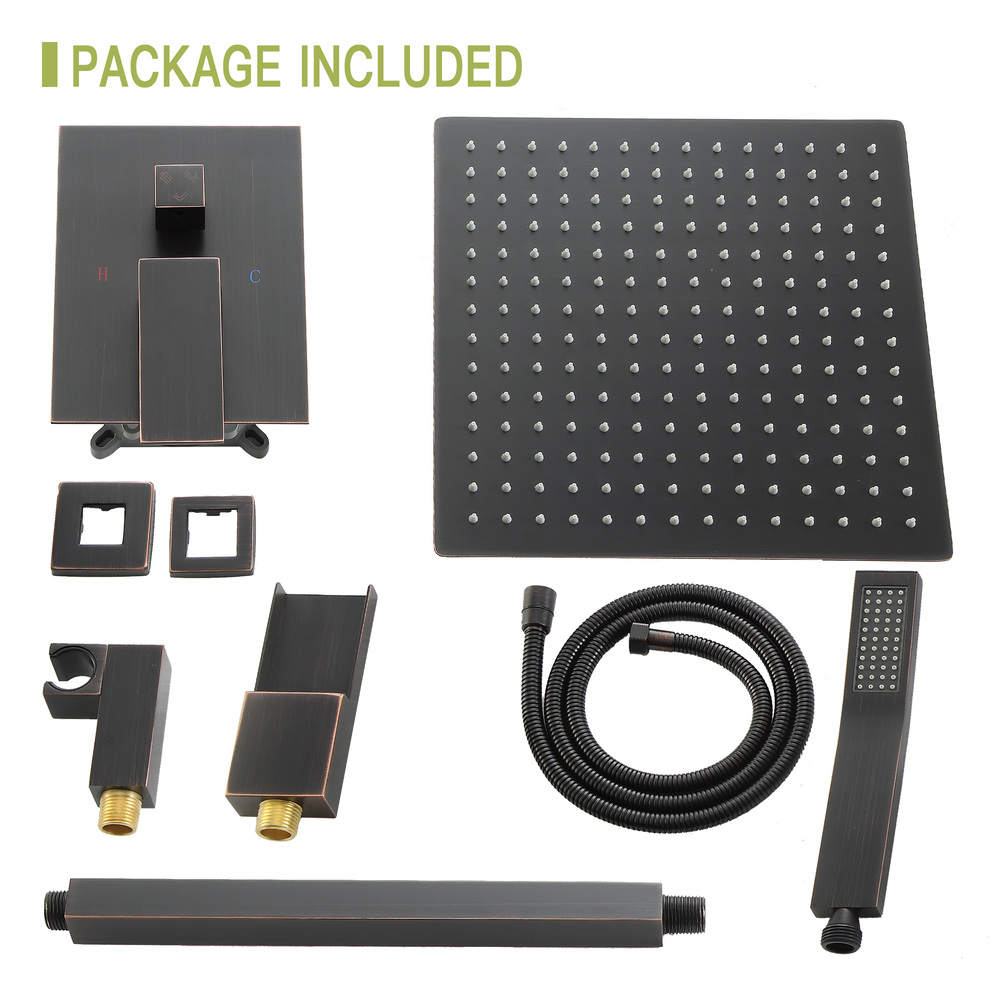 Shower System with Waterfall Tub Spout,16 Inch Ceiling Mount Square Shower System with Rough-in Valve, Oil Rubber Bronze