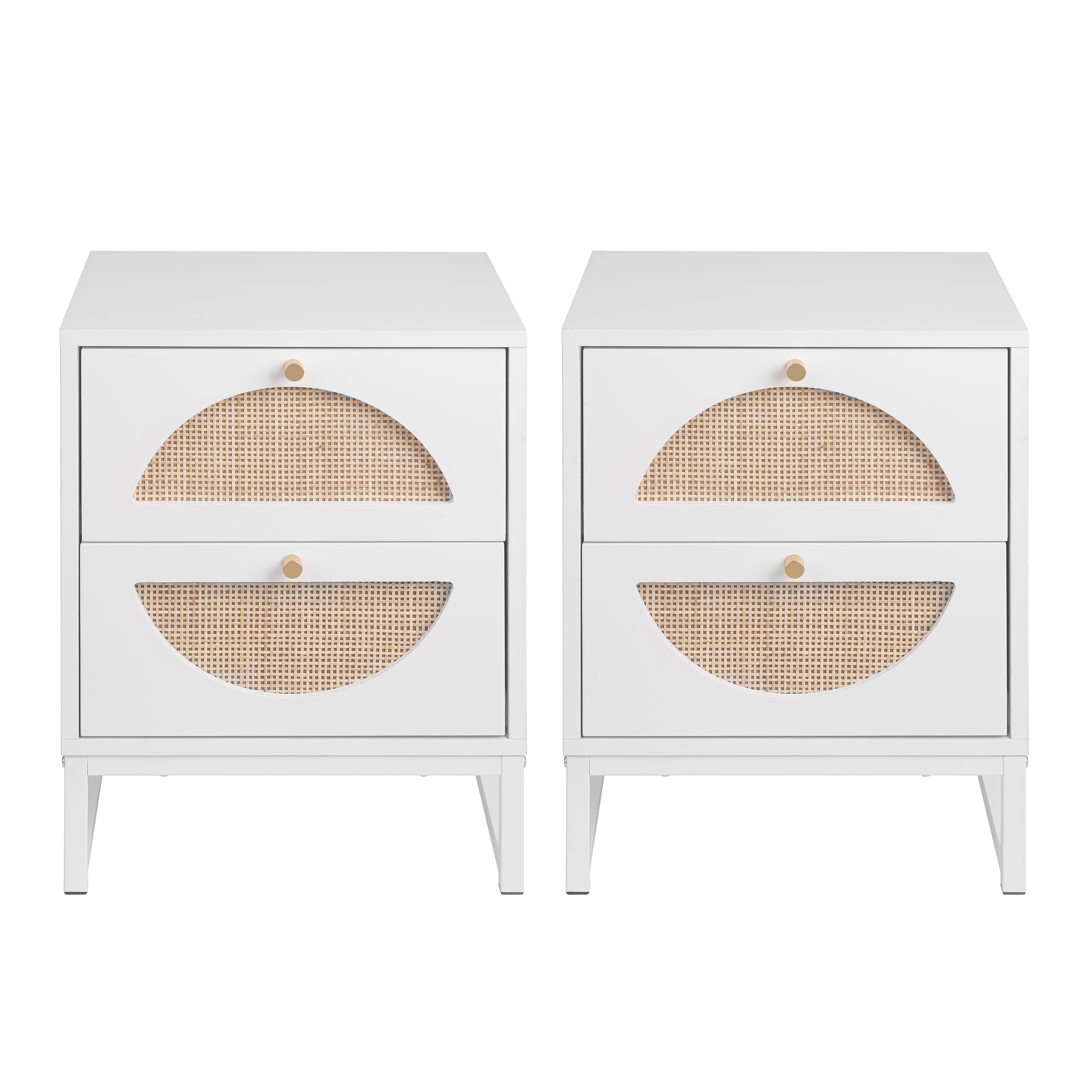 Allen 2 Drawer Nightstand Set of 2, White, Natural Rattan, Display Rack for Bedroom and Living Room 
