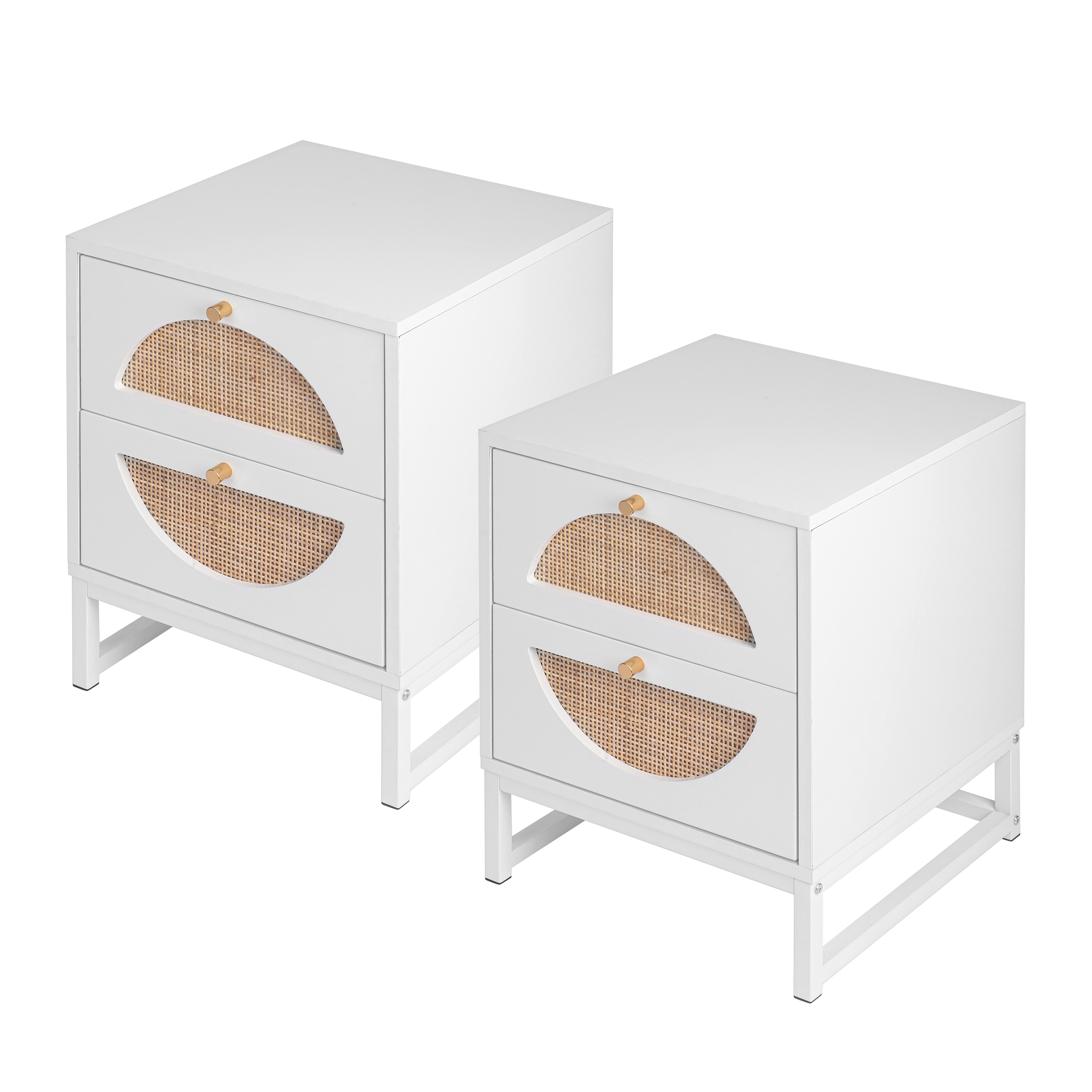 Allen 2 Drawer Nightstand Set of 2, White, Natural Rattan, Display Rack for Bedroom and Living Room 