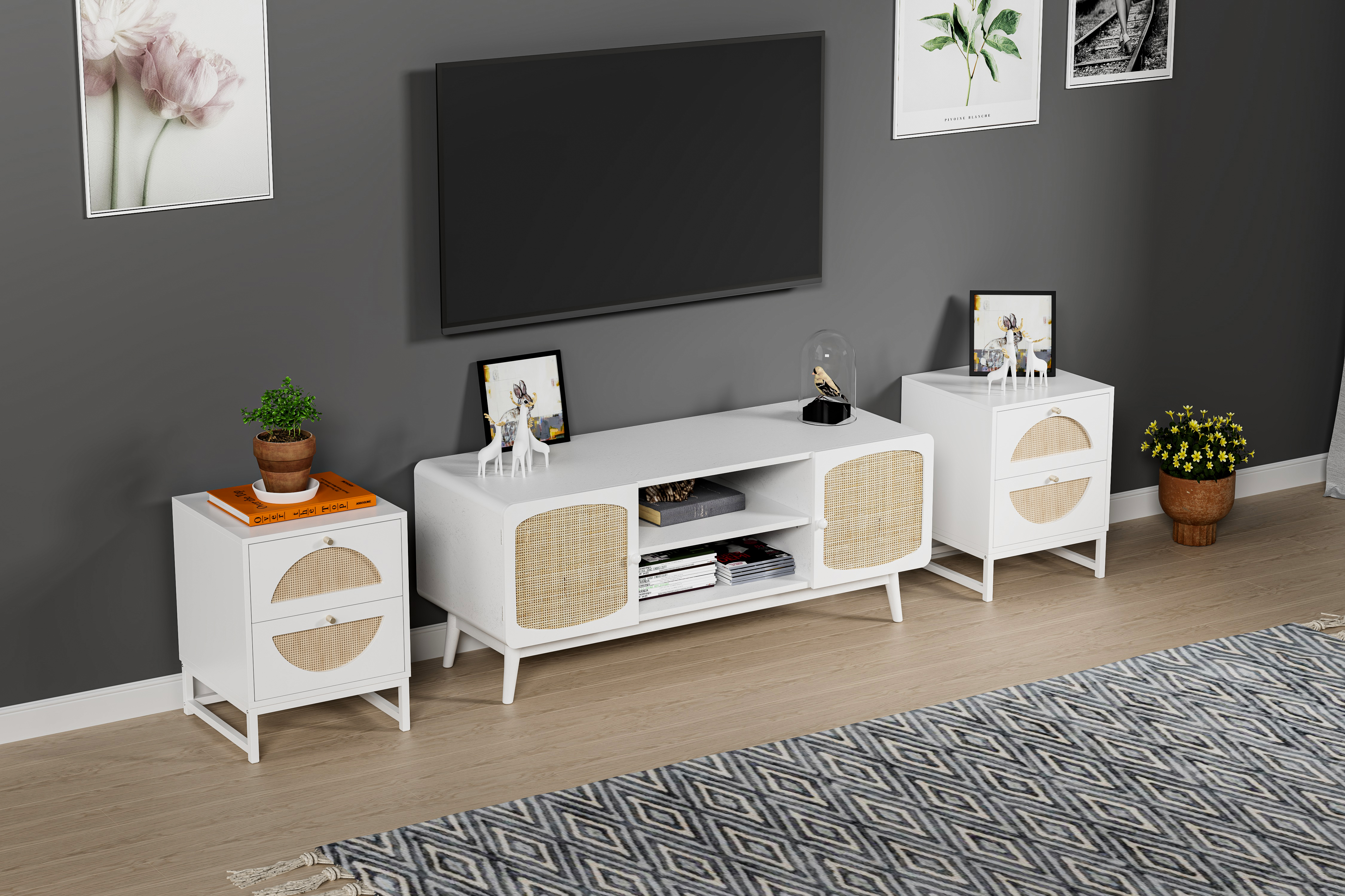 Allen 2 Drawer Nightstand Set of 2, White, Natural Rattan, Display Rack for Bedroom and Living Room 