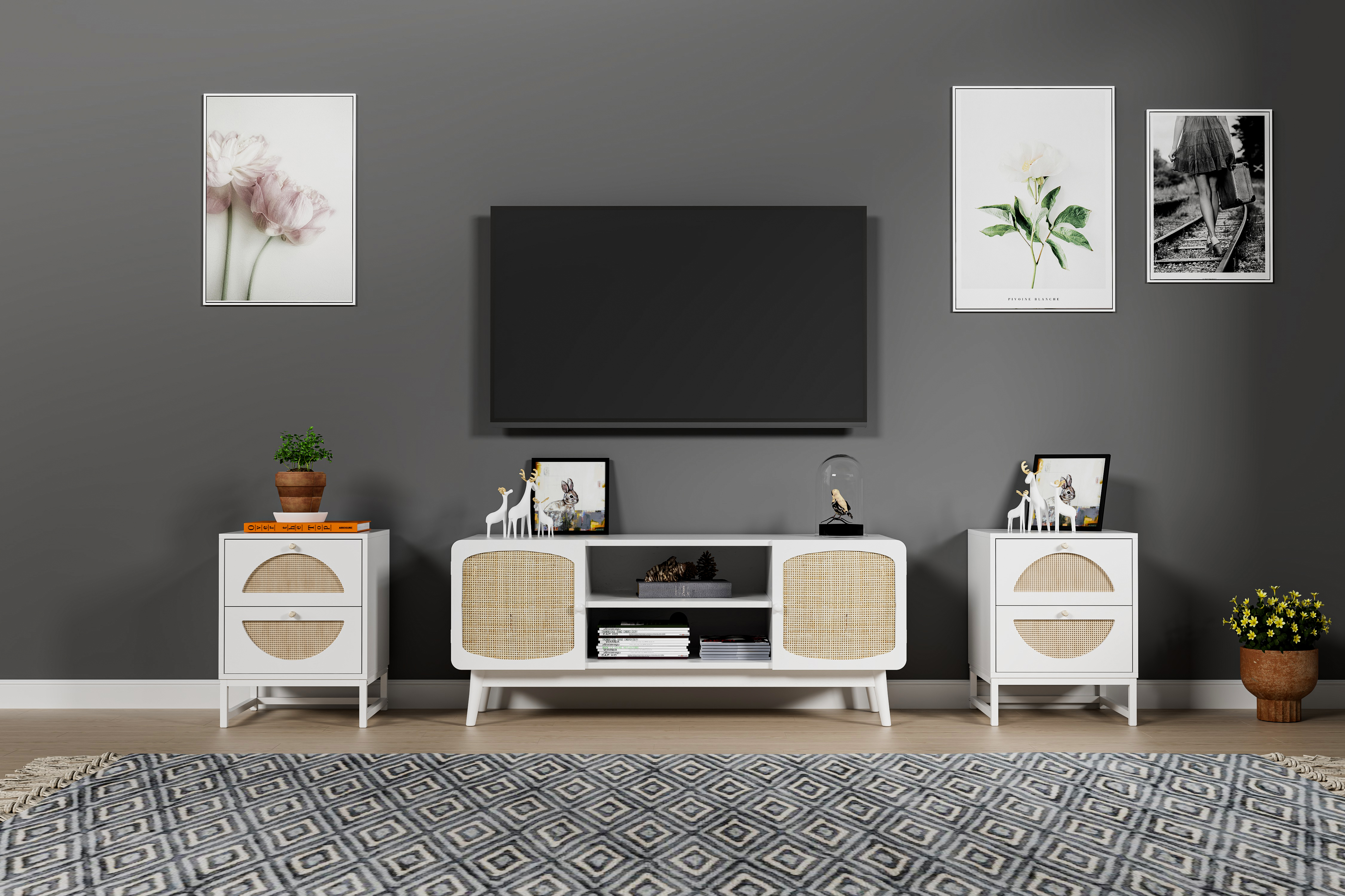 Allen 2 Drawer Nightstand Set of 2, White, Natural Rattan, Display Rack for Bedroom and Living Room 