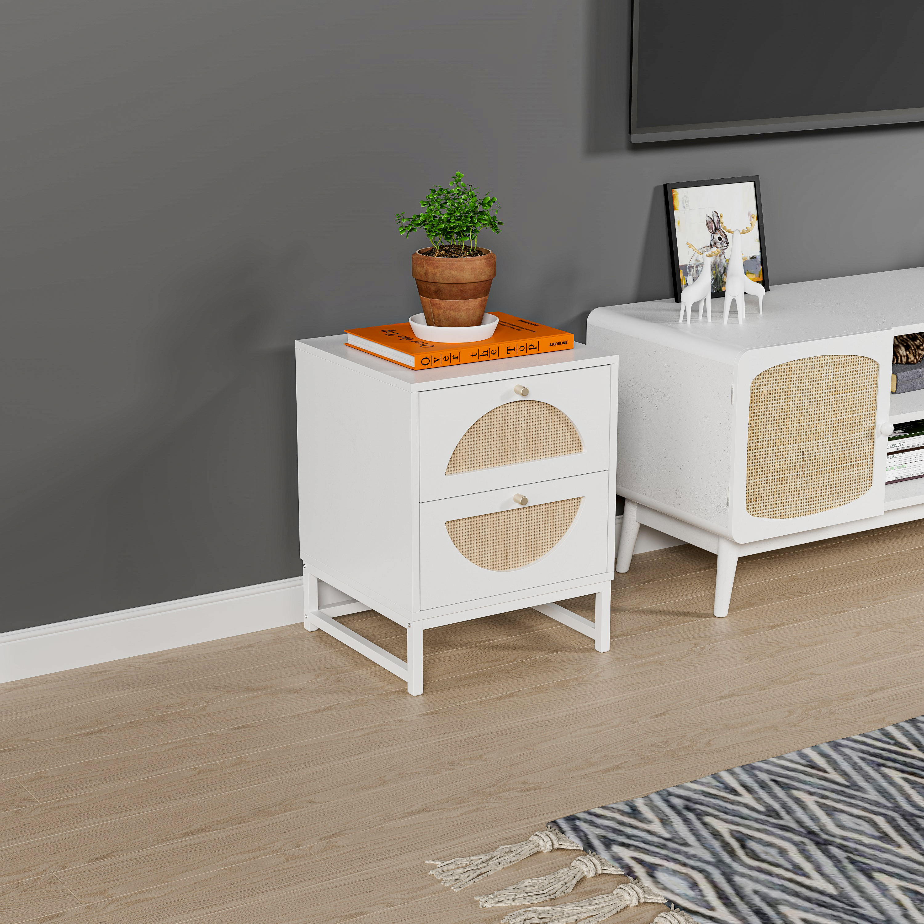 Allen 2 Drawer Nightstand Set of 2, White, Natural Rattan, Display Rack for Bedroom and Living Room 