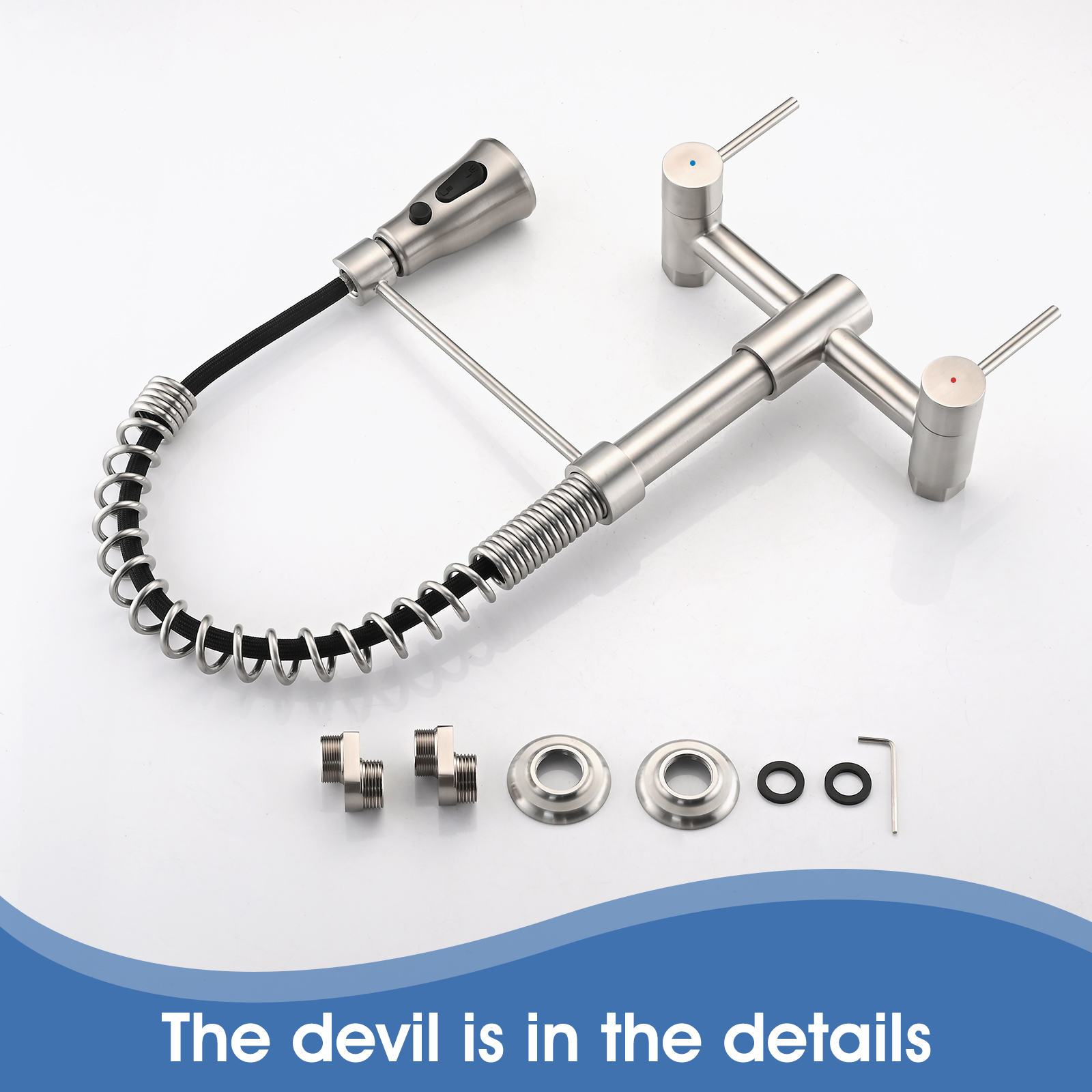 Boyel Living RV Kitchen Sink Faucet Brushed Nickel Kitchen Faucet with Pull Down Sprayer Wall Mounted 2 Holes Double Handle 3 Function 304 Stainless Steel 360 Swivel Rotation Faucet for Outdoor Farmhouse Camper Laundry RV Ba