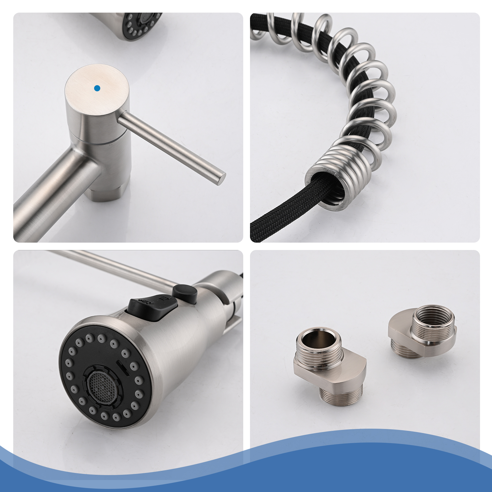 Boyel Living RV Kitchen Sink Faucet Brushed Nickel Kitchen Faucet with Pull Down Sprayer Wall Mounted 2 Holes Double Handle 3 Function 304 Stainless Steel 360 Swivel Rotation Faucet for Outdoor Farmhouse Camper Laundry RV Ba