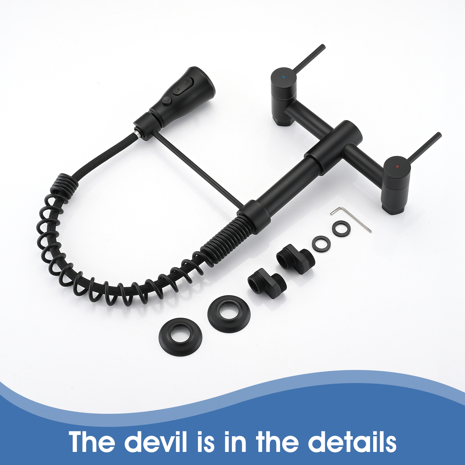 Boyel Living RV Kitchen Sink Faucet Brushed Nickel Kitchen Faucet with Pull Down Sprayer Wall Mounted 2 Holes Double Handle 3 Function 304 Stainless Steel 360 Swivel Rotation Faucet for Outdoor Farmhouse Camper Laundry RV Ba