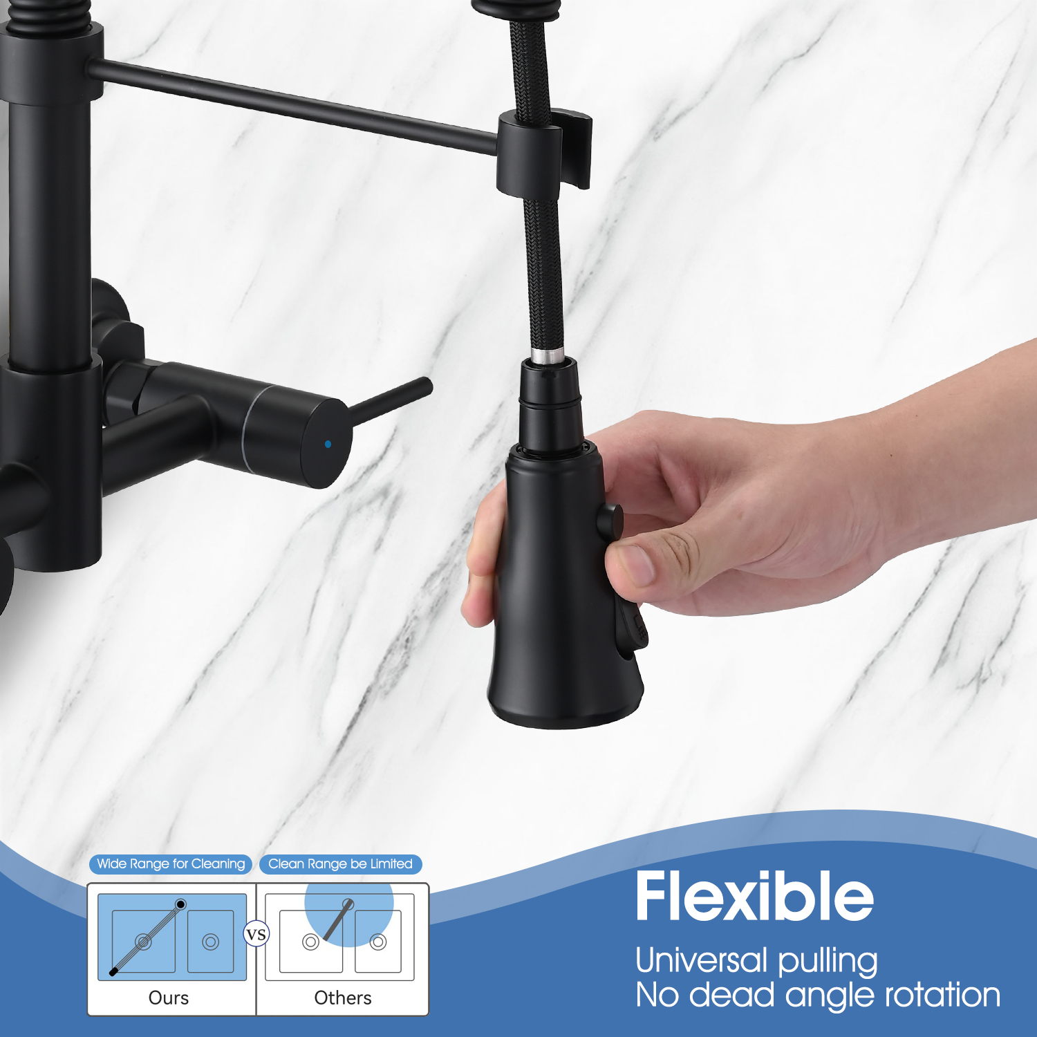 Boyel Living RV Kitchen Sink Faucet Brushed Nickel Kitchen Faucet with Pull Down Sprayer Wall Mounted 2 Holes Double Handle 3 Function 304 Stainless Steel 360 Swivel Rotation Faucet for Outdoor Farmhouse Camper Laundry RV Ba