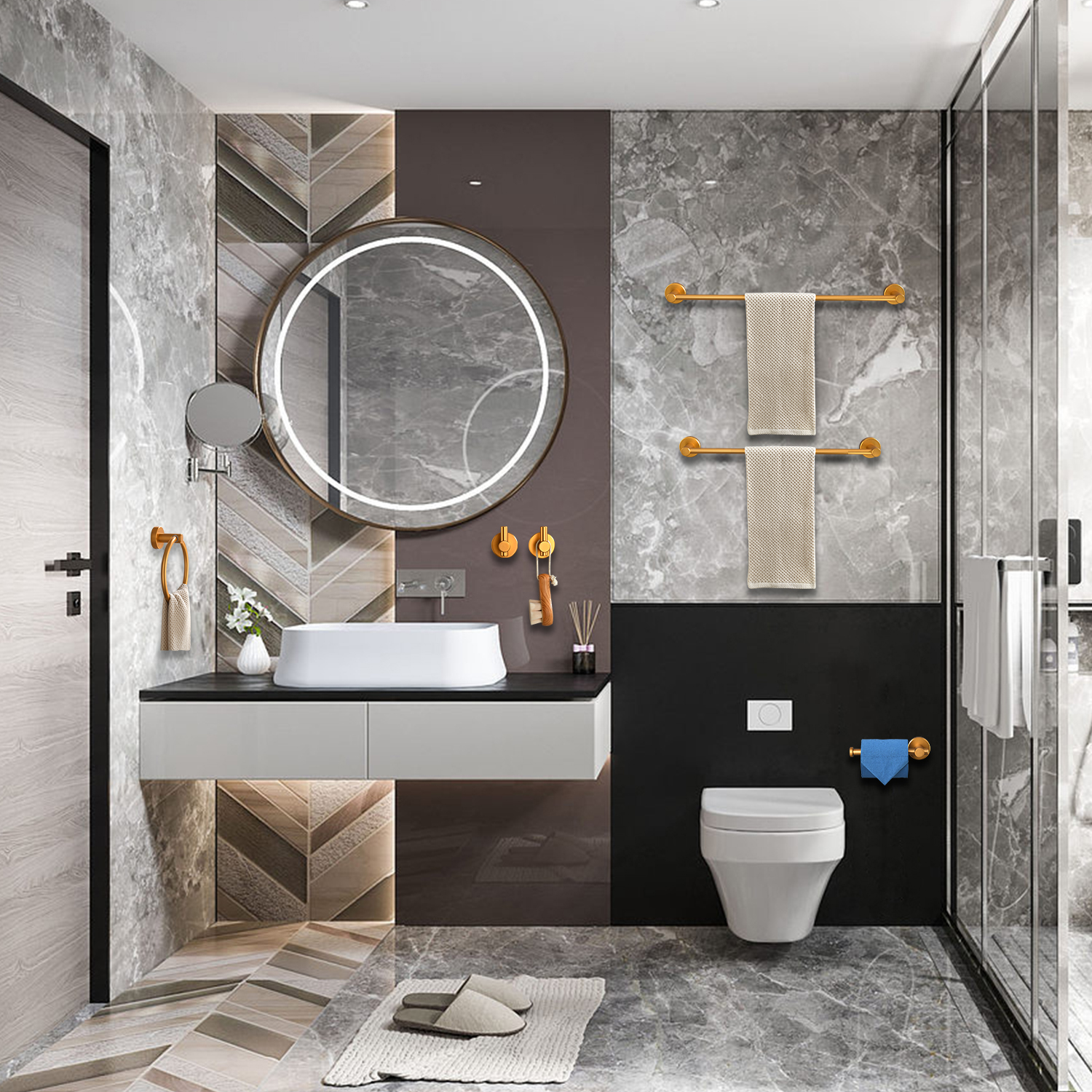 6 Piece Bathroom Towel Rack Set Wall Mount – Matt Black & Matt Gold & Orange