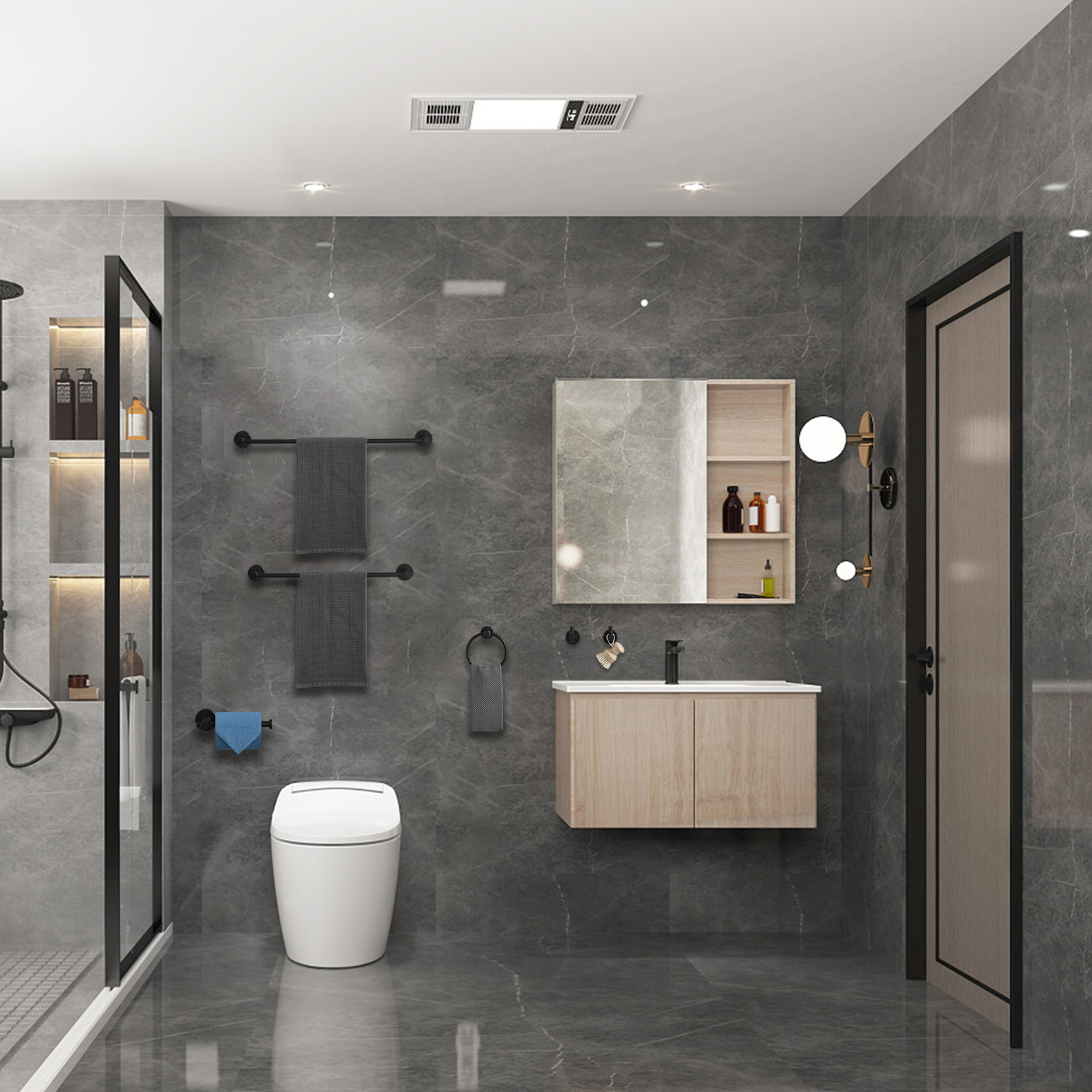 6 Piece Bathroom Towel Rack Set Wall Mount – Matt Black & Matt Gold & Orange