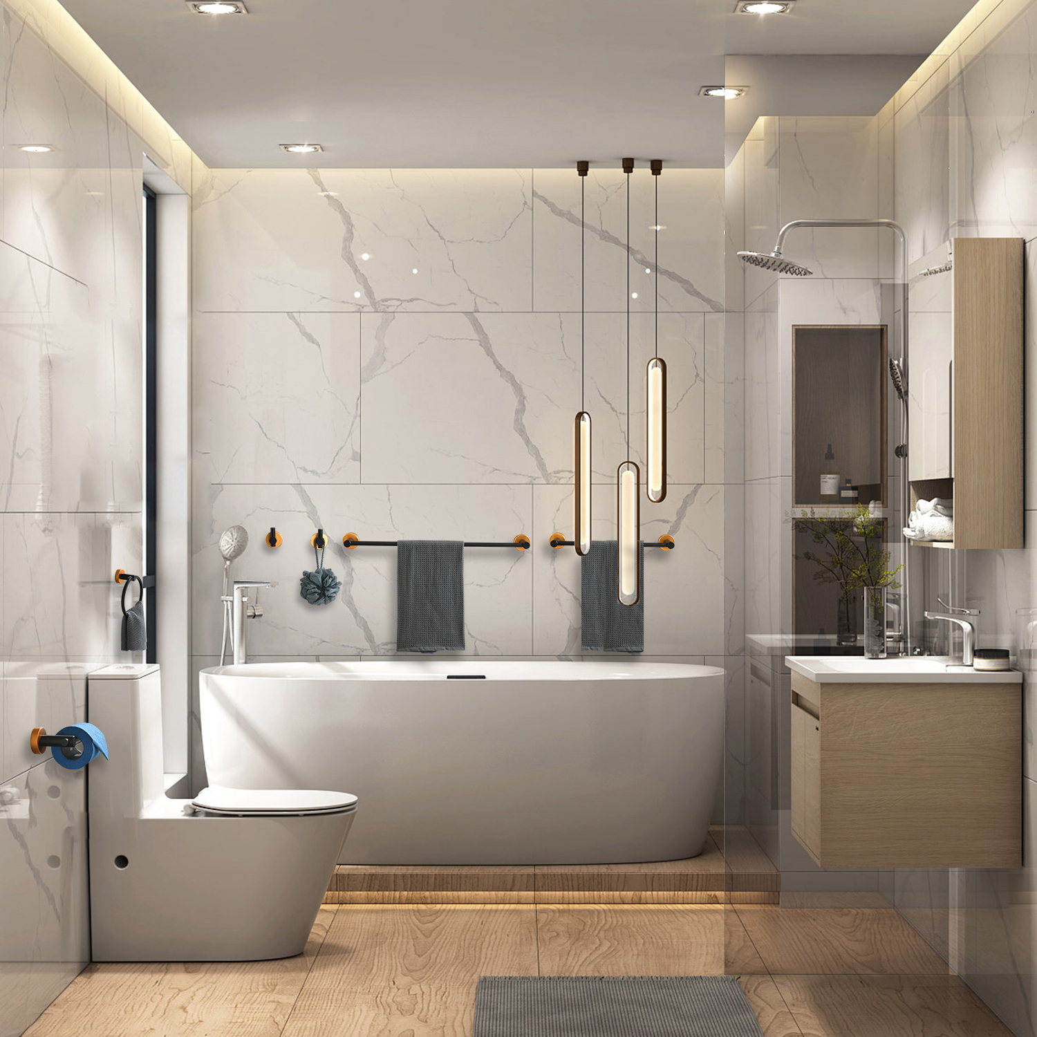 6 Piece Bathroom Towel Rack Set Wall Mount – Matt Black & Matt Gold & Orange