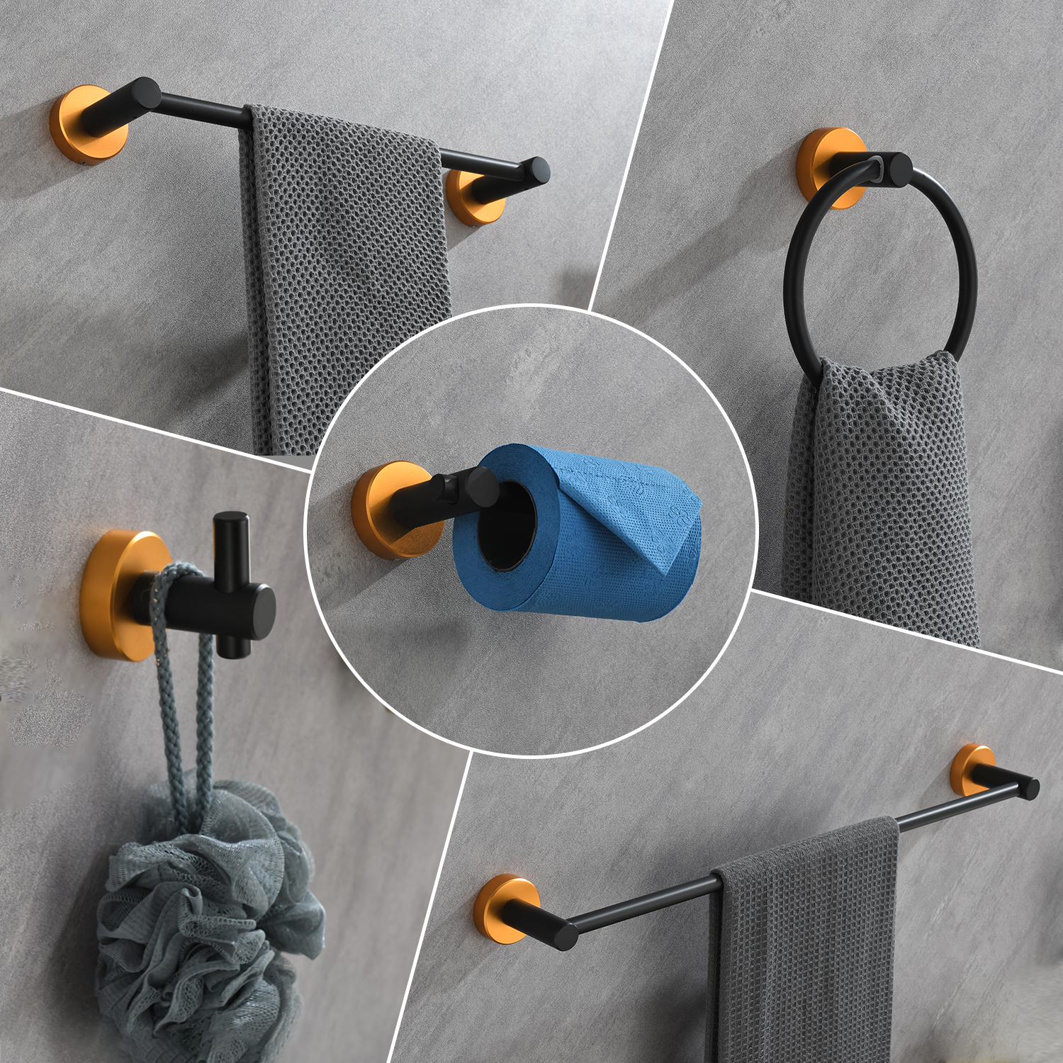 6 Piece Bathroom Towel Rack Set Wall Mount – Matt Black & Matt Gold & Orange